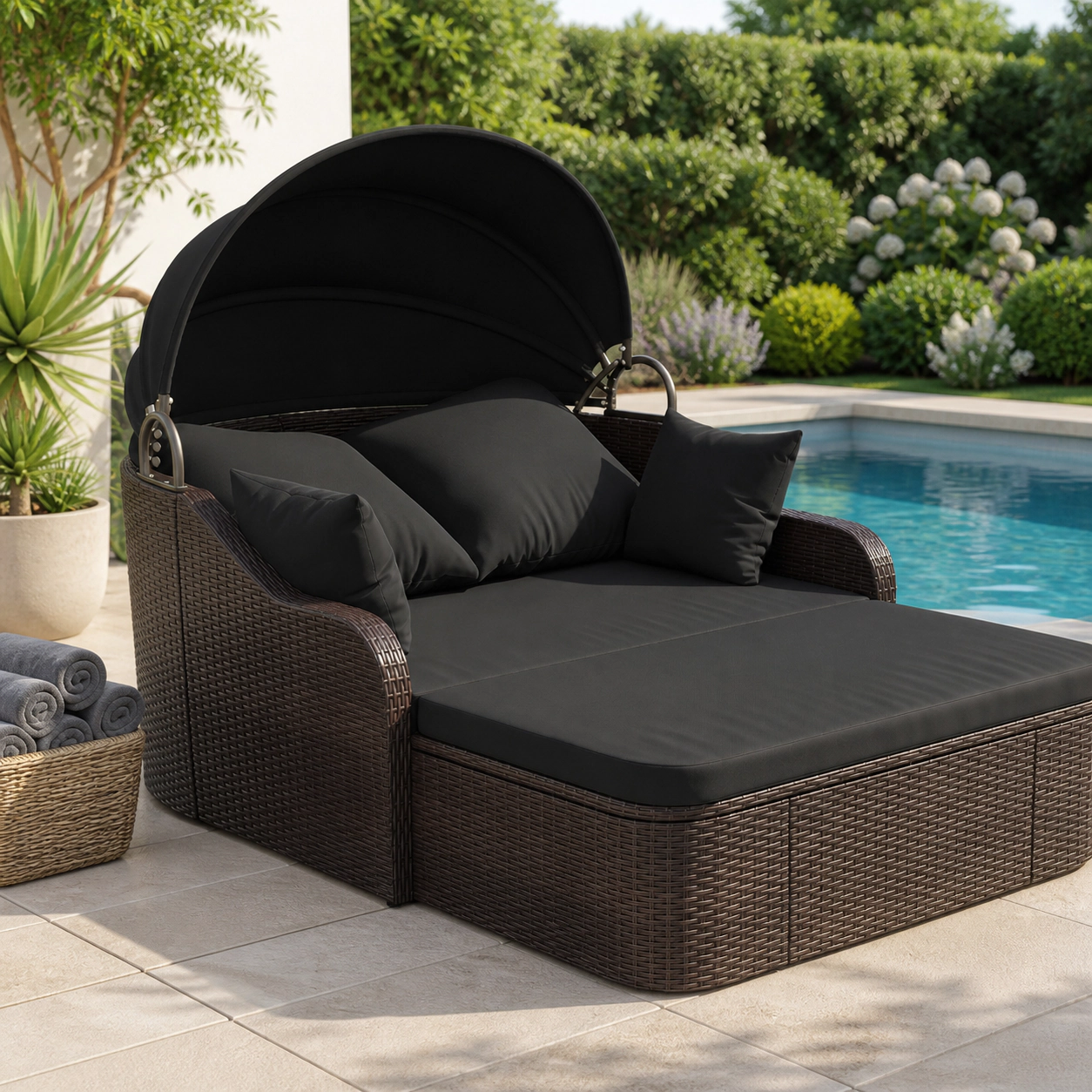SUGIFT Black PE Rattan Patio Daybed with Retractable Canopy, Loveseat and Coffee Table
