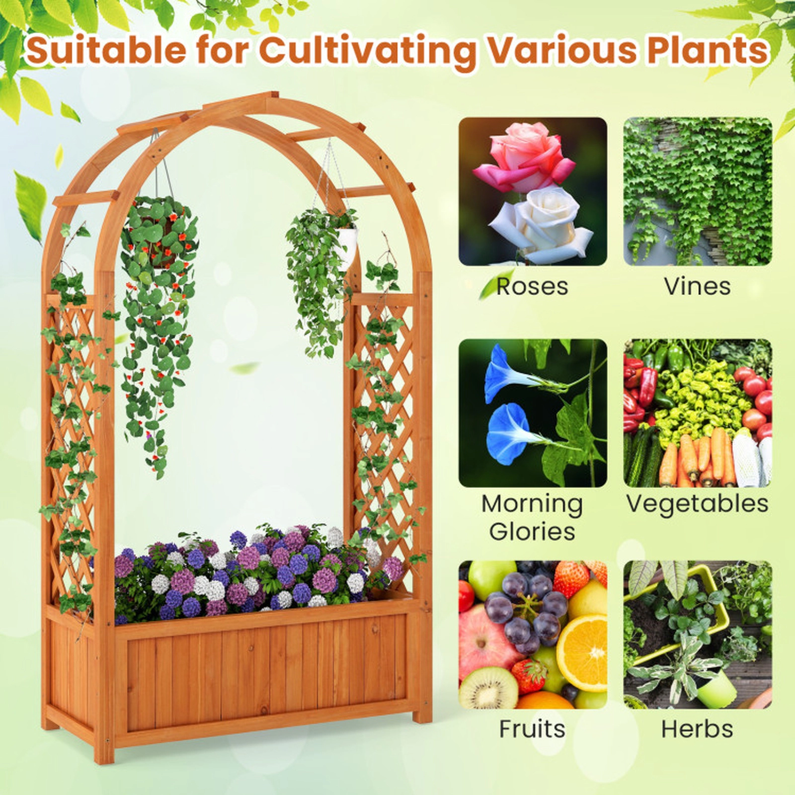 SUGIFT Arched Roof Lattice Trellis Raised Garden Bed Wooden Elevated Planter Box 88-lb Capacity Reddish Brown