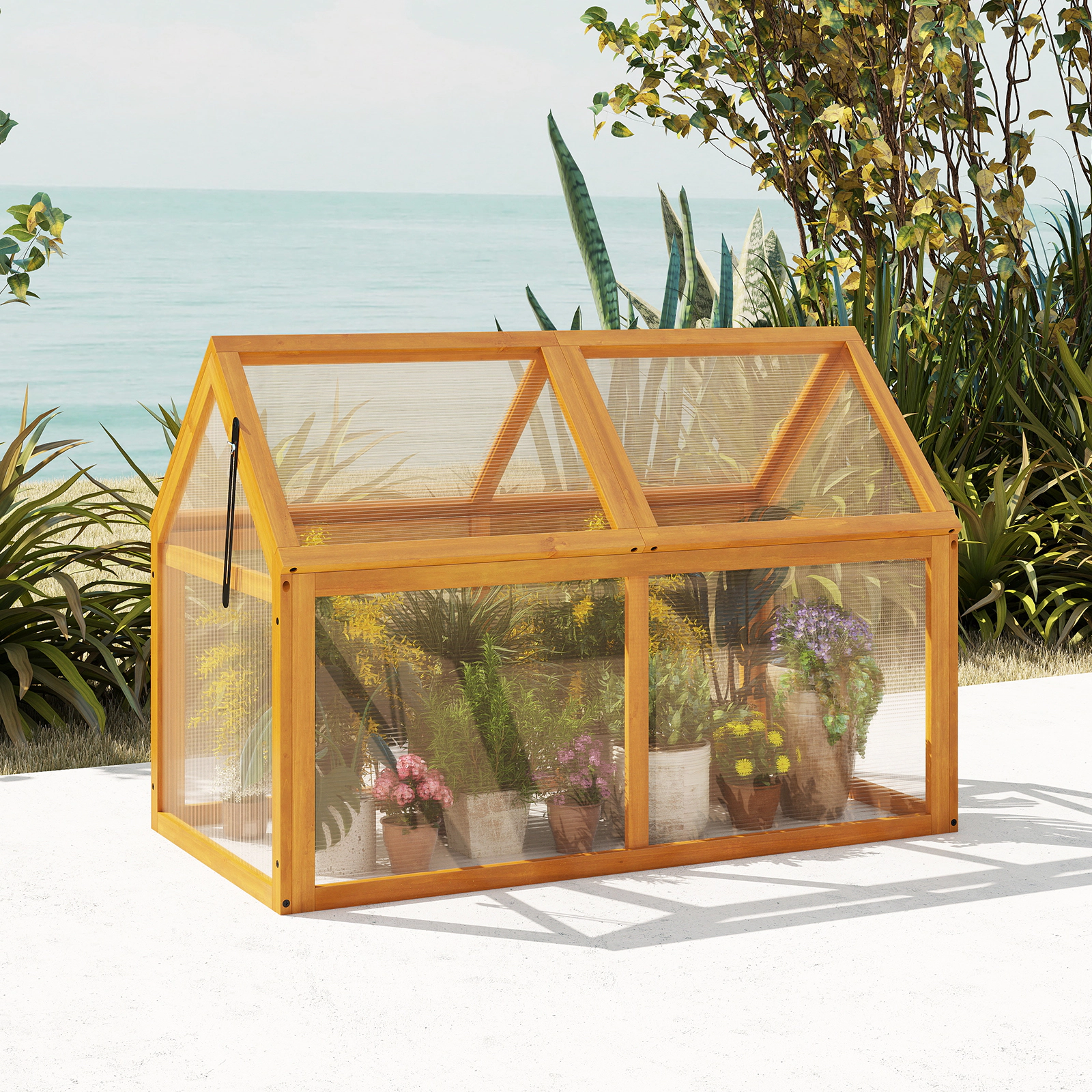 LJG Wood Cold Frame Greenhouse Raised Flower Planter Protection with Adjustable Roof