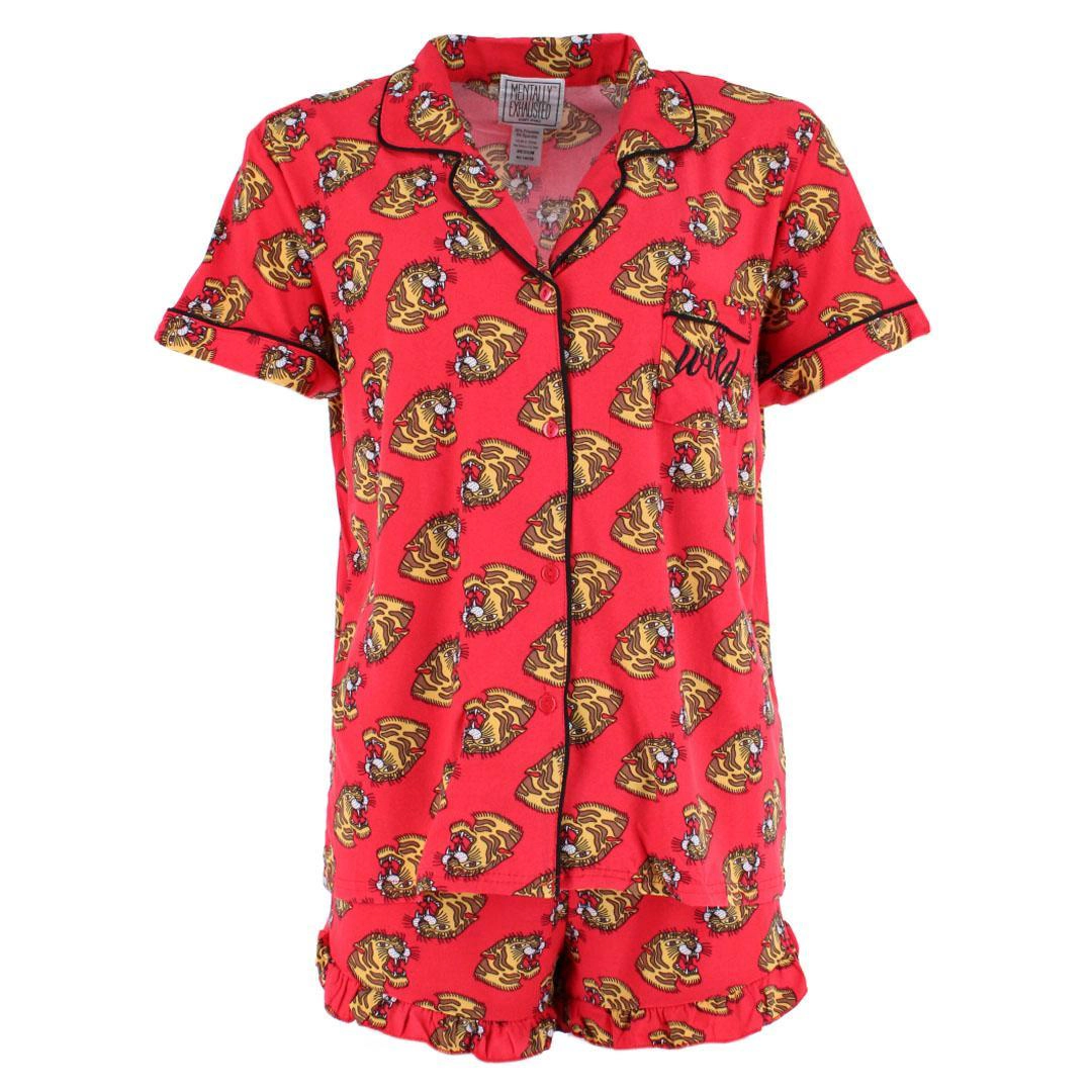 Mentally Exhausted Women's Notch Collar Tiger Short Sleeve Pajama Set
