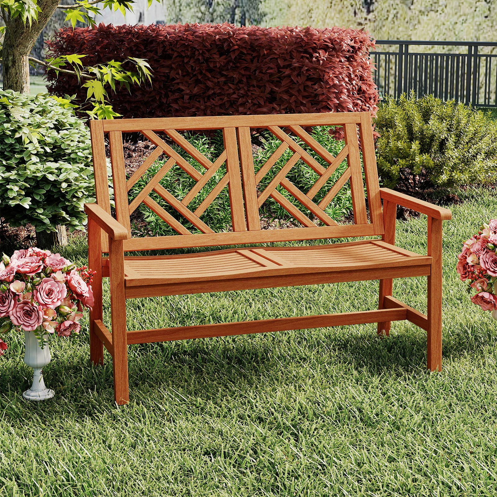 SUGIFT 48 in Outdoor Bench Natural Hardwood 2-Person Patio Loveseat with Geometric Backrest