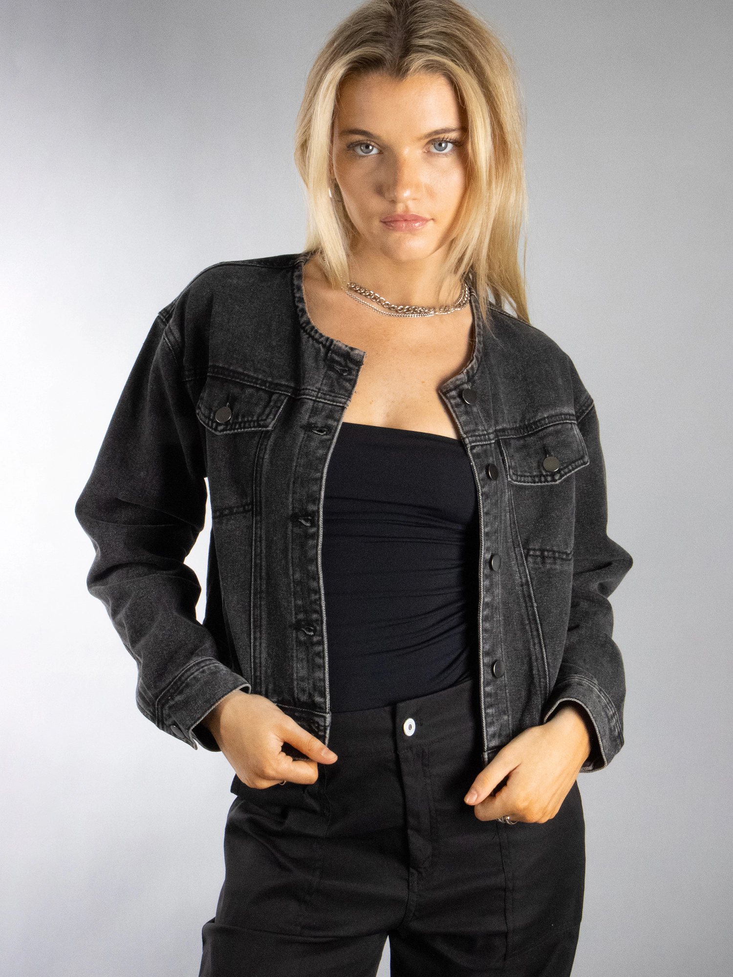 JESS by Meiko Women's Jean Collarless Long Sleeve Crop Denim Jacket