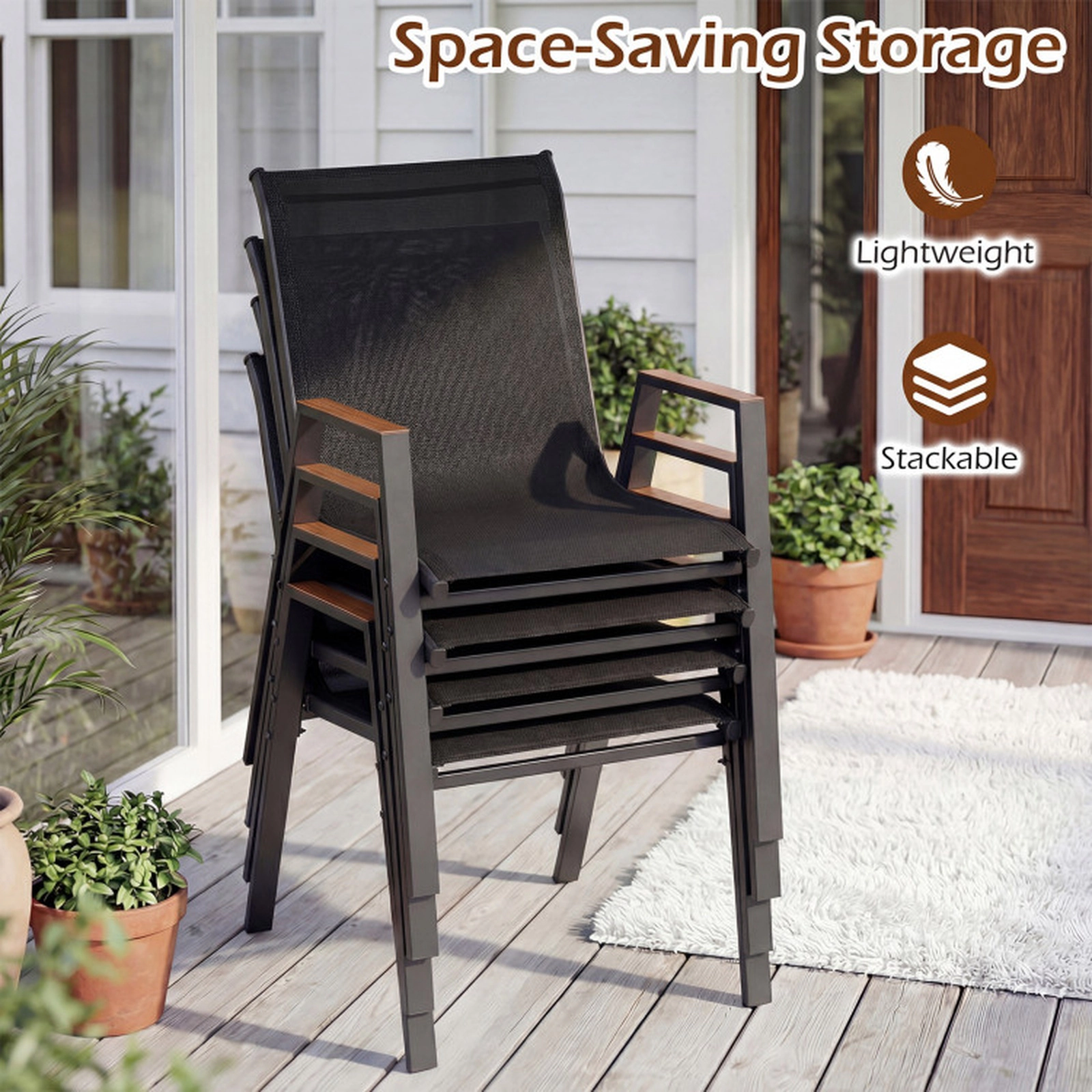 SUGIFT Set of 4 Stackable High-Back Patio Sling Chairs 400-lb Capacity with 19.5-in Backrest and Wood-Plastic Armrests