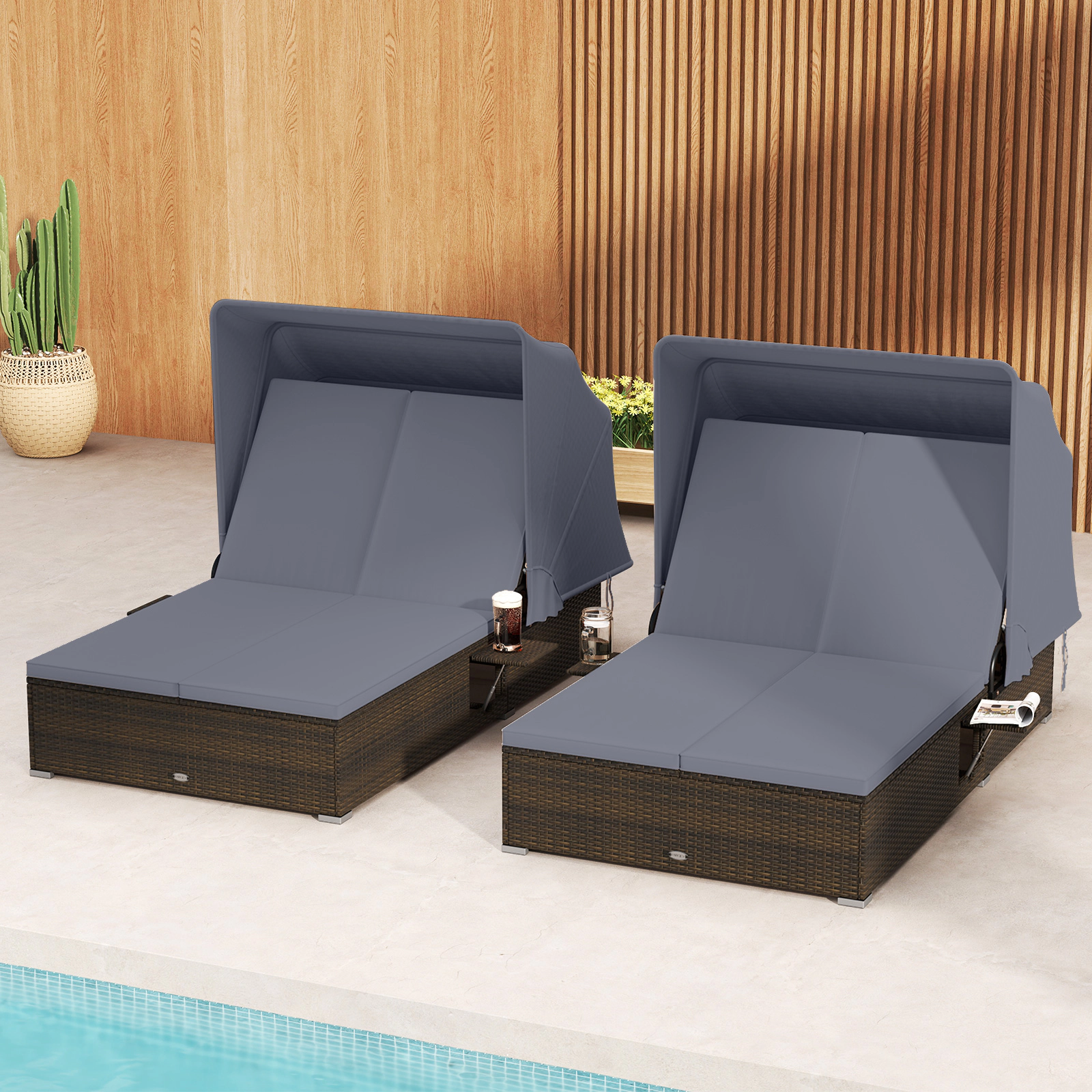 LJG Patio Double Chaise Lounge with Shade Cushions and Folding Side Trays