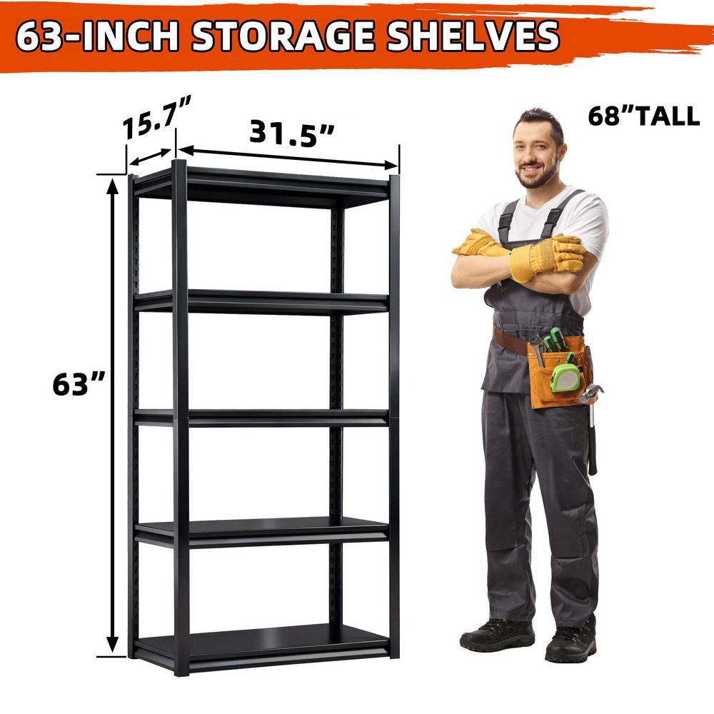 Flynama 5-Tier Heavy Duty Steel Freestanding Adjustable Storage Rack in Black (31.5 in. W x 63 in. H x 15.7 in. D)