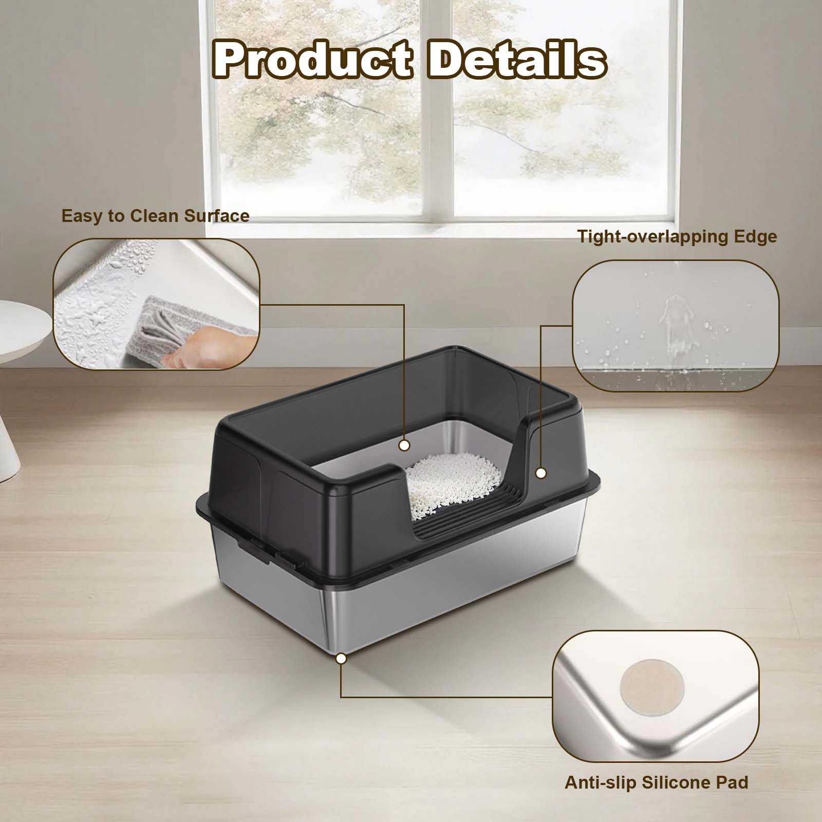 Extra-Large Open Stainless-Steel Cat Litter Box, High-Sided Anti-Splashing Litter Pan 60x40x36.5cm, Black
