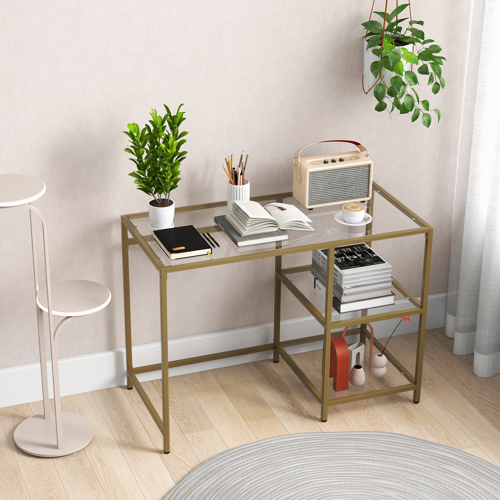 SUGIFT Tempered Glass Metal Frame 2 Open Shelves Adjustable Feet Console Table In Golden