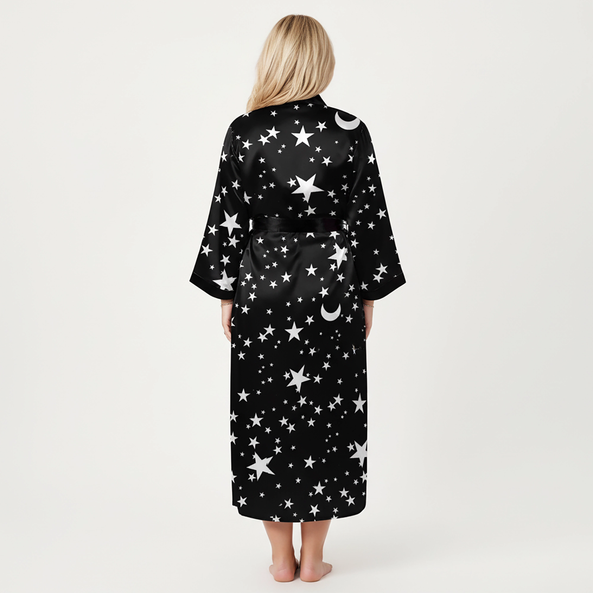 Anna-Kaci Women's Plus Star Print Long Robe with Soft Satin Feel Open Front Design and Adjustable Waist Tie
