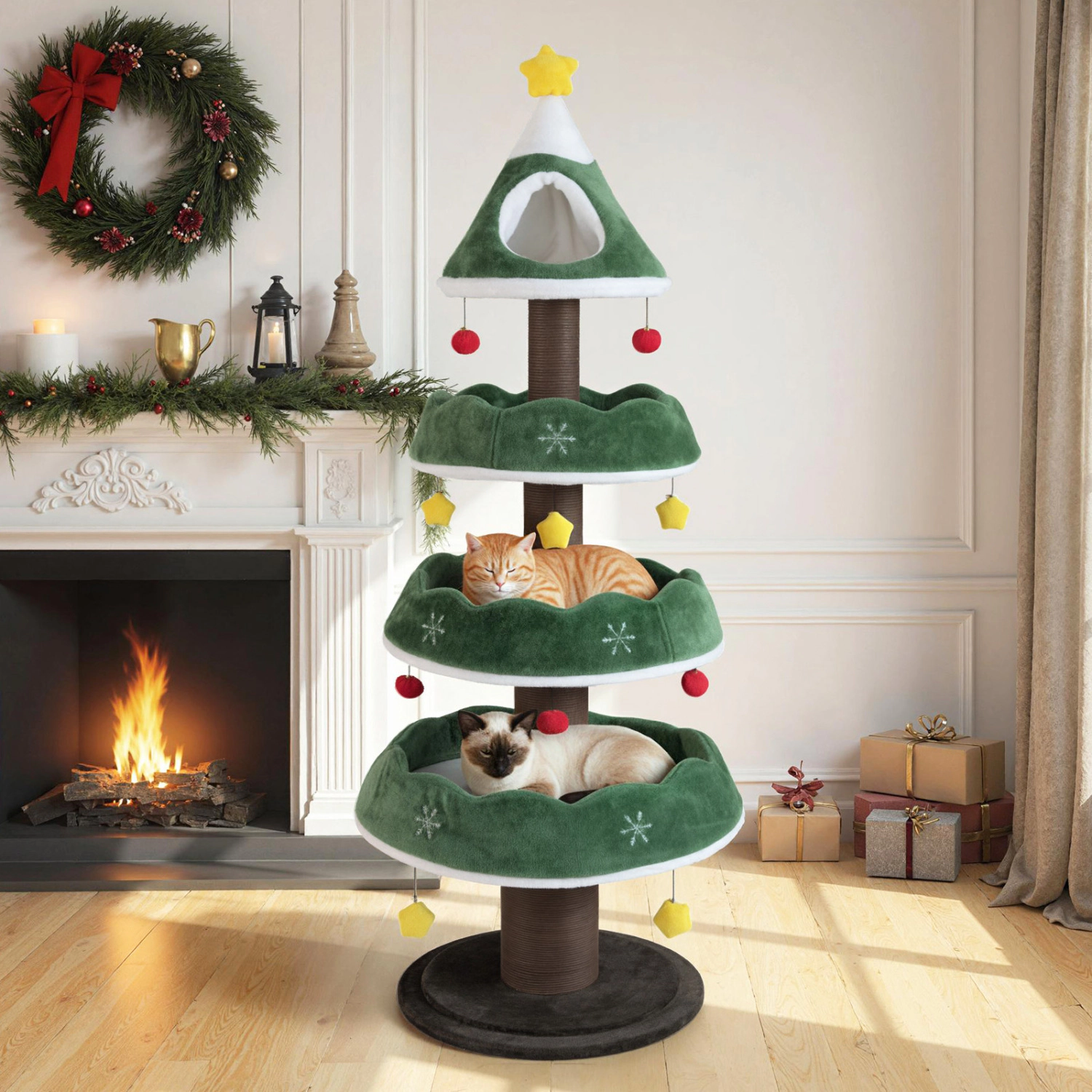 LJG Multi-level Christmas Cat Tree with 3 Platforms & Upholstered Top Perch