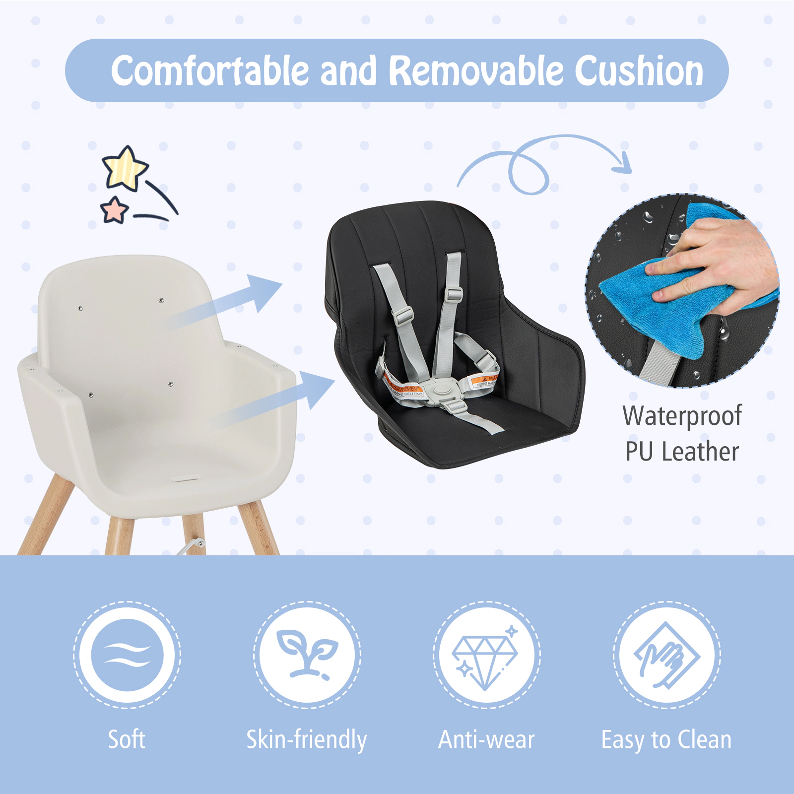 3-in-1 Convertible High Chair for Babies and Toddlers with Food-Grade PP Tray Dual Safety Baffle and Beech Wood Legs