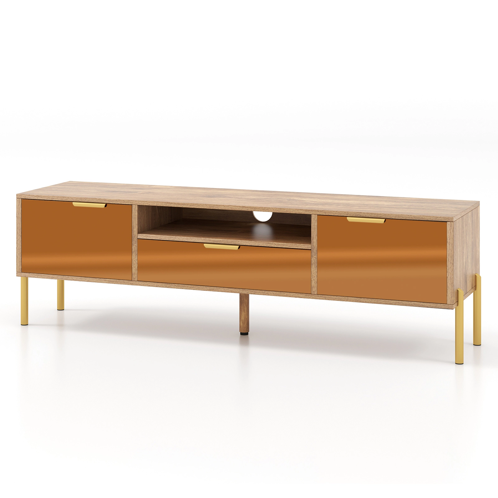 SUGIFT Mirrored TV Stand for TV up to 65 Inch with 58-in Tabletop, Drawer and 2 Storage Cabinets 220-lb Capacity Natural