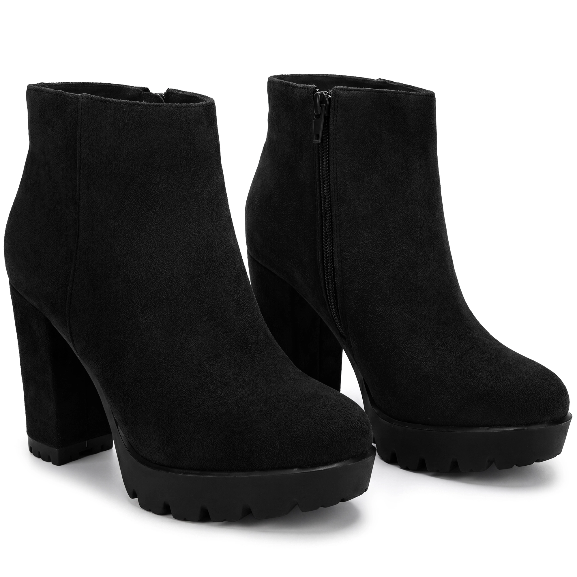 BLISSFUL STEP Platform Boots Block Heel Lug Sole Round Toe Ankle Boot for Women