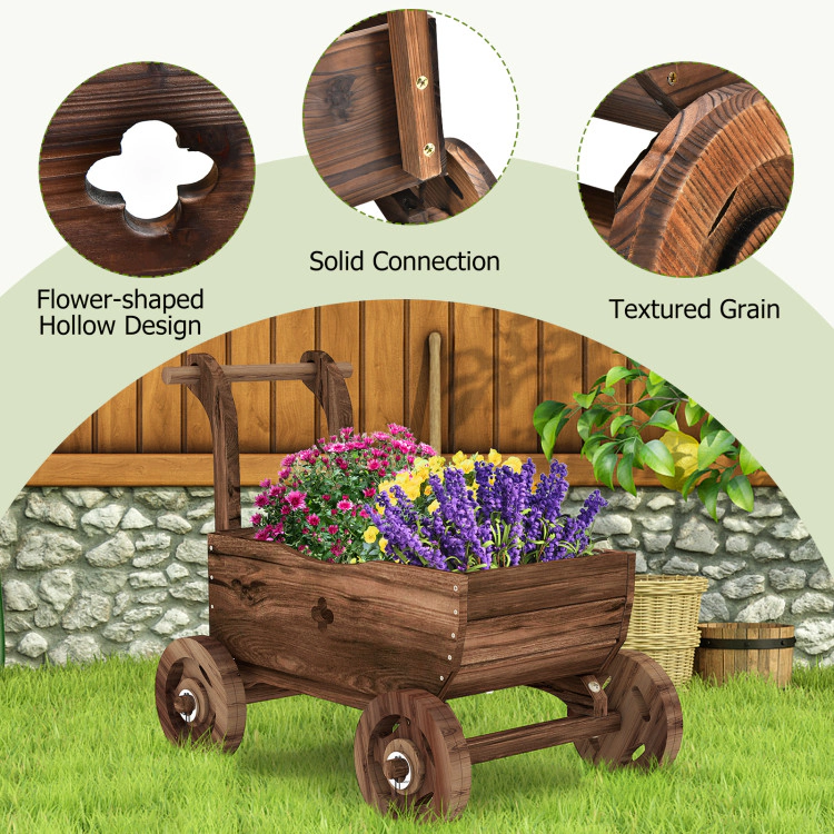 Hivvago Decorative Wooden Wagon Cart with Handle Wheels and Drainage Hole