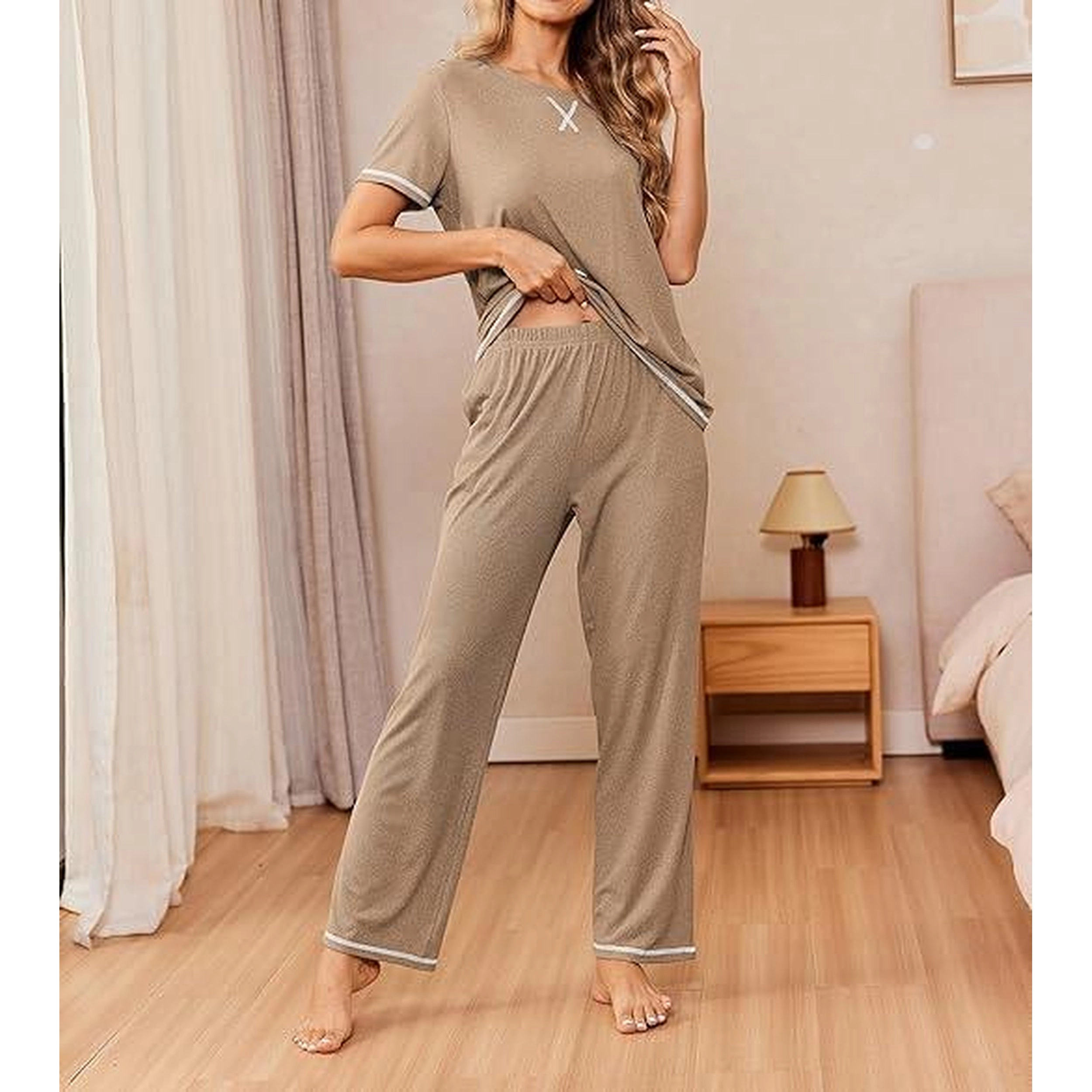 Ekouaer Women Ribbed Knit Pajamas Short Sleeve Top and Long Pants Pjs 2 Piece