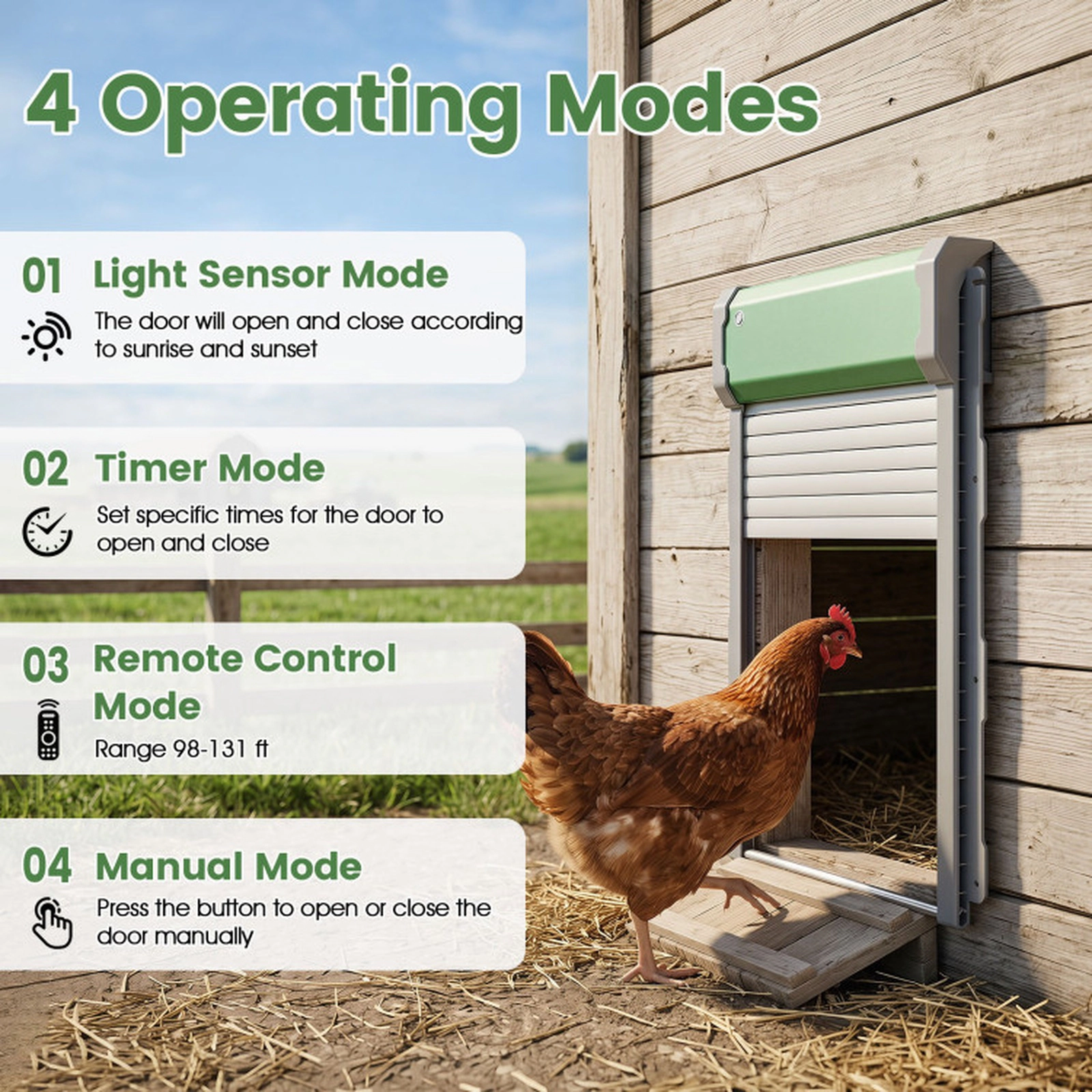 SUGIFT Automatic Solar Chicken Coop Door with Remote Control and Light Sensor Timer Green & Sliver