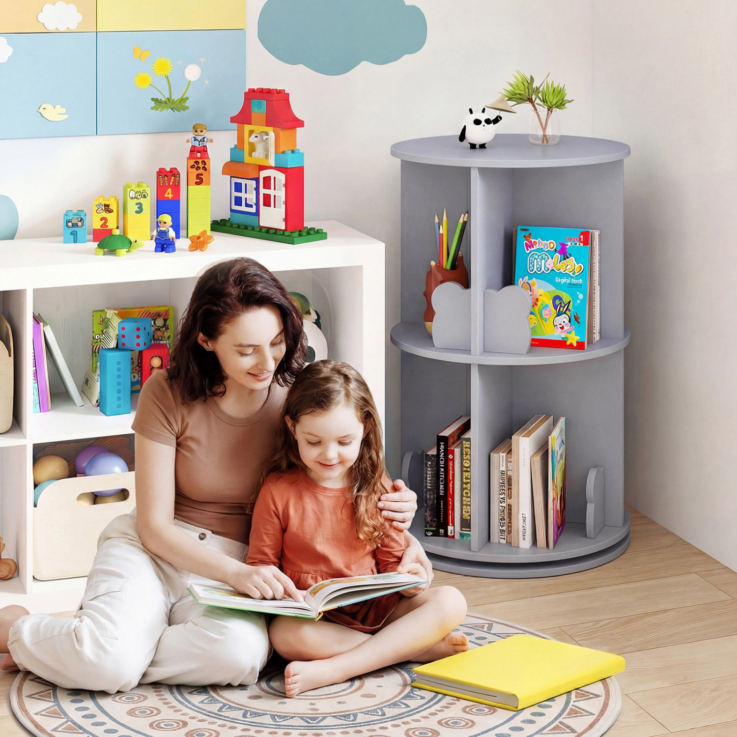 Hivvago 2-Level Freestanding Book Rack with Swivel Design and Bear Baffles
