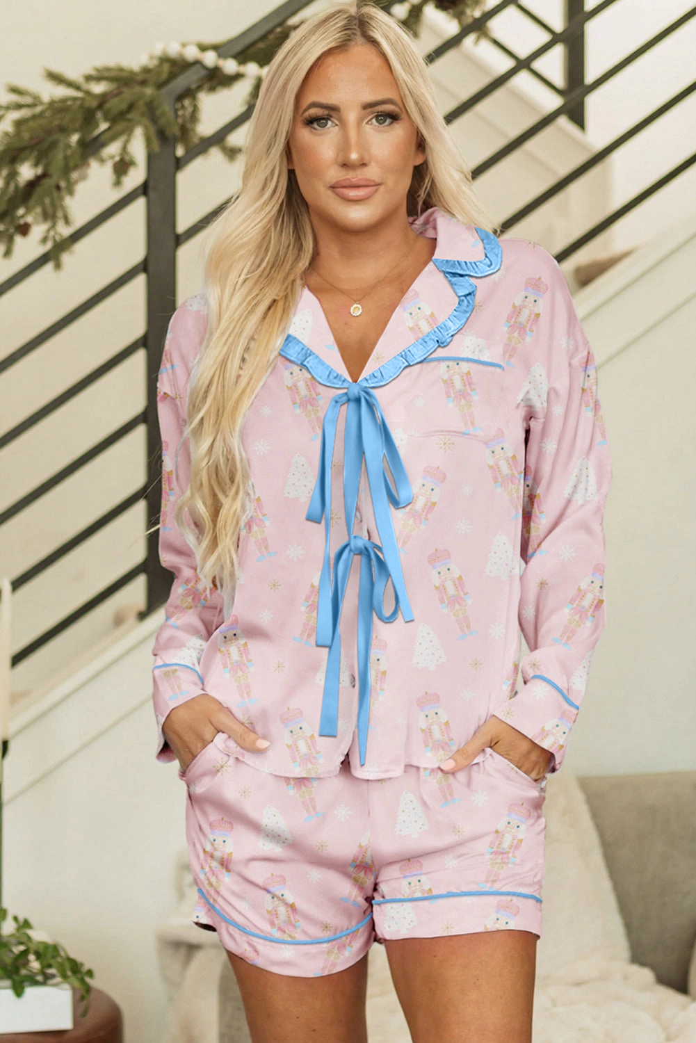 Threaded Pear Women's Ariel Shorts Pajama Set Long Sleeve Top