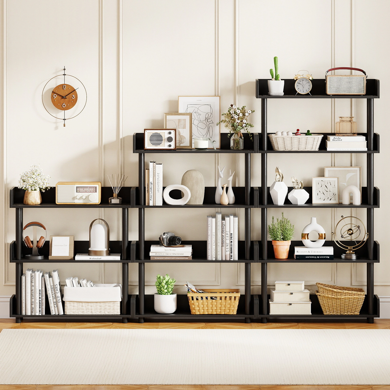 SUGIFT Black 4-Tier Open Bookcase with Anti-Tipping Kit and 4 in Guardrails