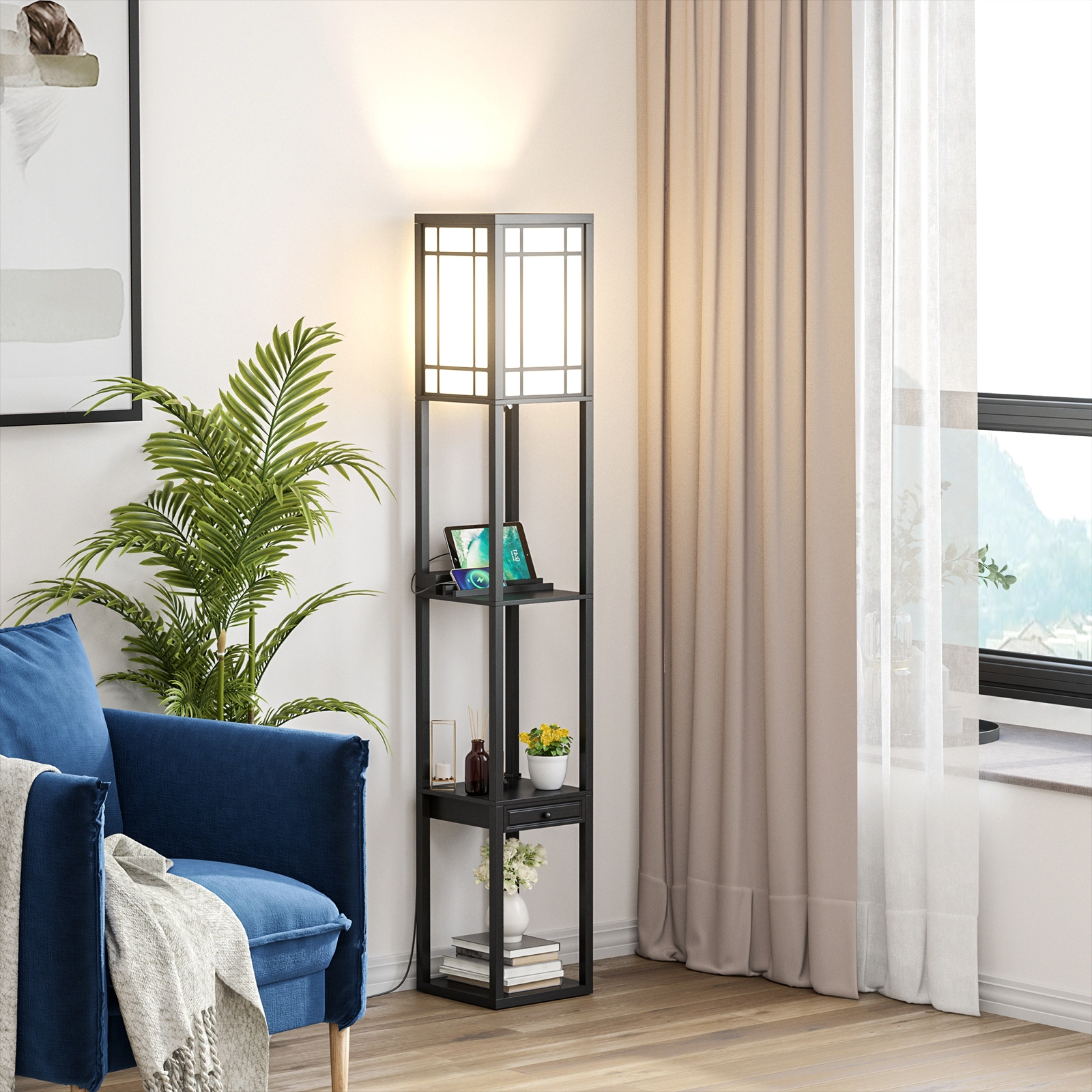 Slickblue Shelf Floor Lamp with USB Ports and Outlet 63in Black Storage Lamp with Shelves Drawer