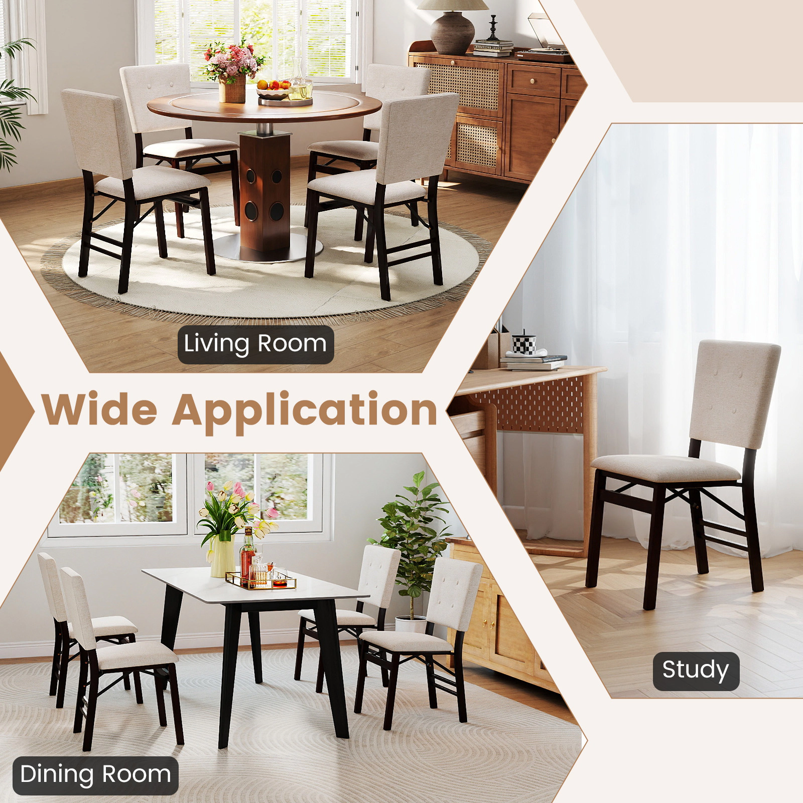 SUGIFT Beige Foldable Armless Padded Seat and Tilt Backrest Set of 2 Dining Chairs