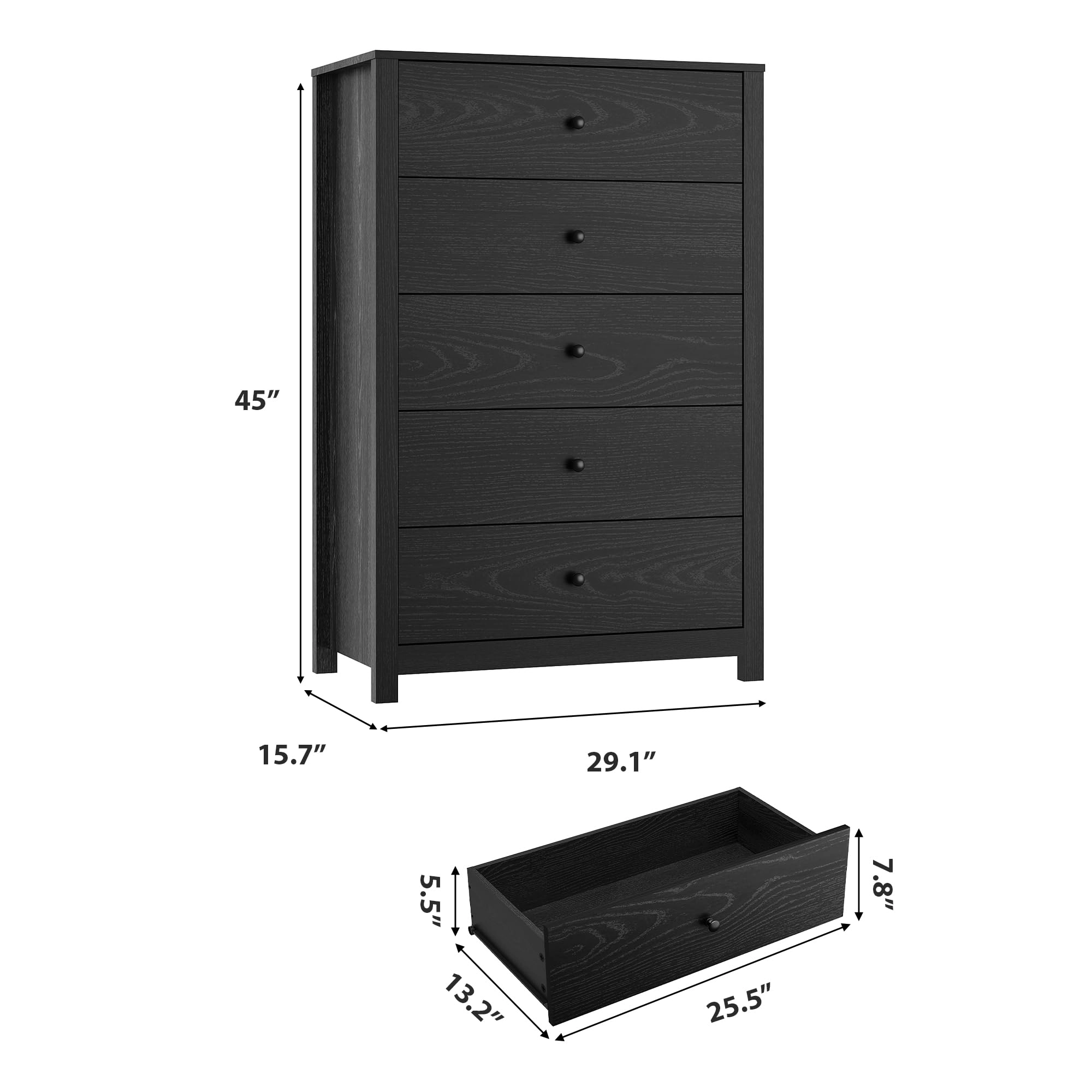 5 Drawer Dresser for Bedroom, Modern Wood Storage Chest with Deep Drawers