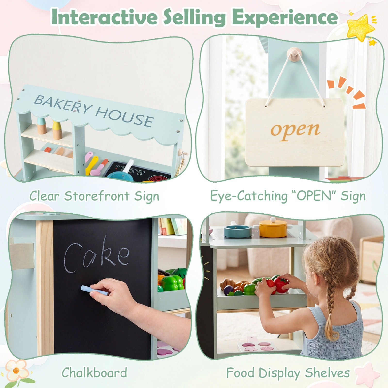 Wooden Kitchen Playset for Kids Rolling Wheels Oven Open Sign Cookware Accessories 26.5-in x 13.5-in x 32-in Green
