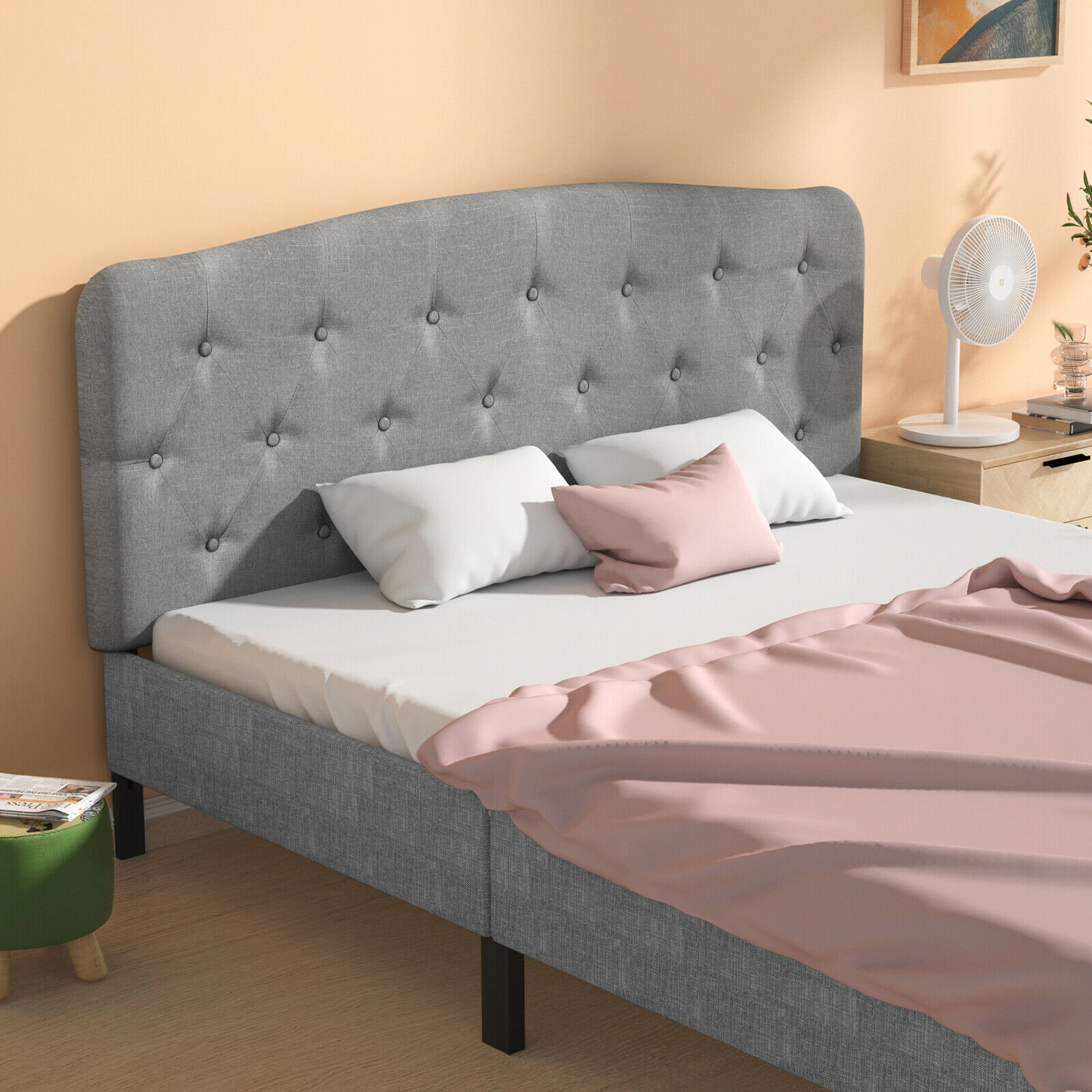 SUGIFT Faux Linen Full Headboard with Adjustable Heights 55-in Wide Upholstered Panel 31-lb Net Weight Light Gray