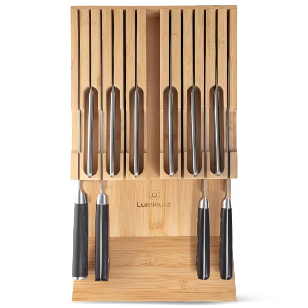 Luminuxe Bamboo Knife Block Drawer Organizer, Durable Nonslip In‑Drawer Wooden Knife Storage Holds up to 12 Knives
