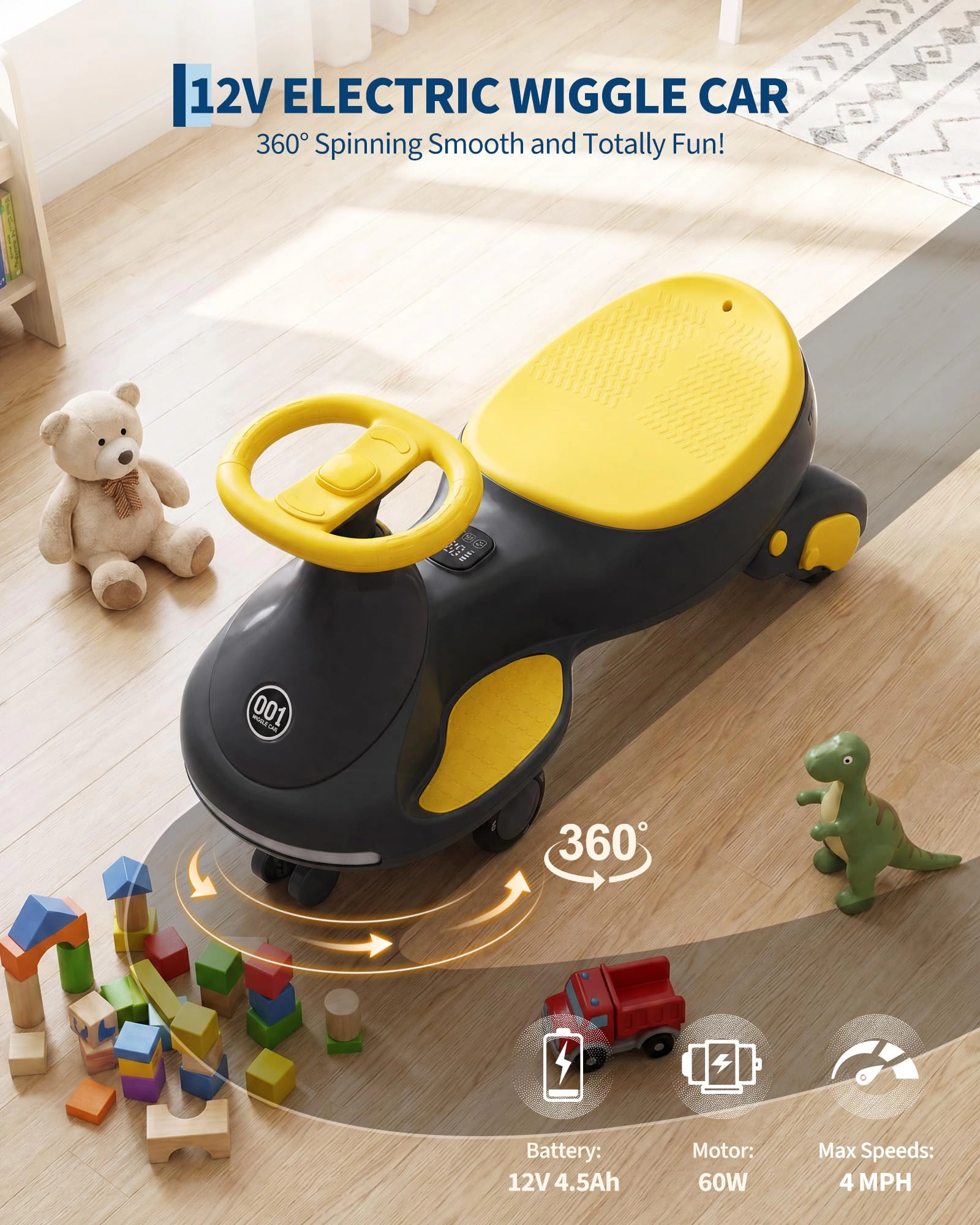 12V Electric Wiggle Car for Kids, 2-in-1 Swing with Pedal, Anti-Rollover, 130Lbs Capacity, Flashing Wheels & Music