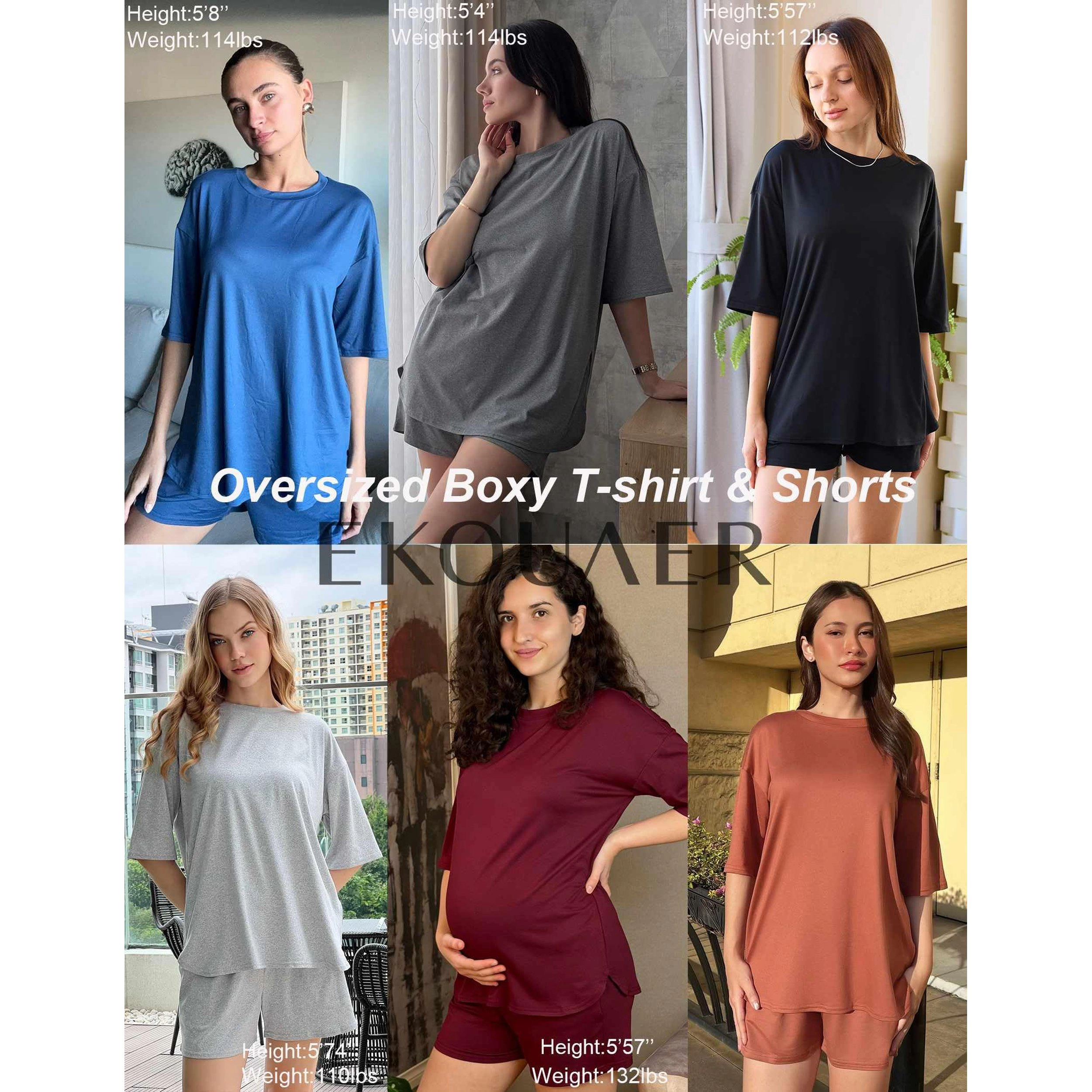 Ekouaer Women Two Piece Set Oversized Boxy T shirt Casual Short Sets Summer Matching Fashion