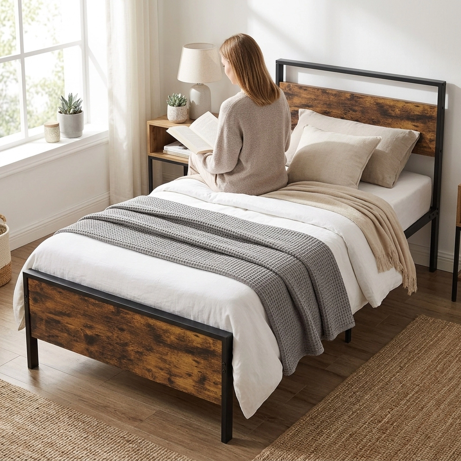 SUGIFT Twin Industrial Metal Platform Bed, Rustic Brown Wood Panels, 480-lb Capacity
