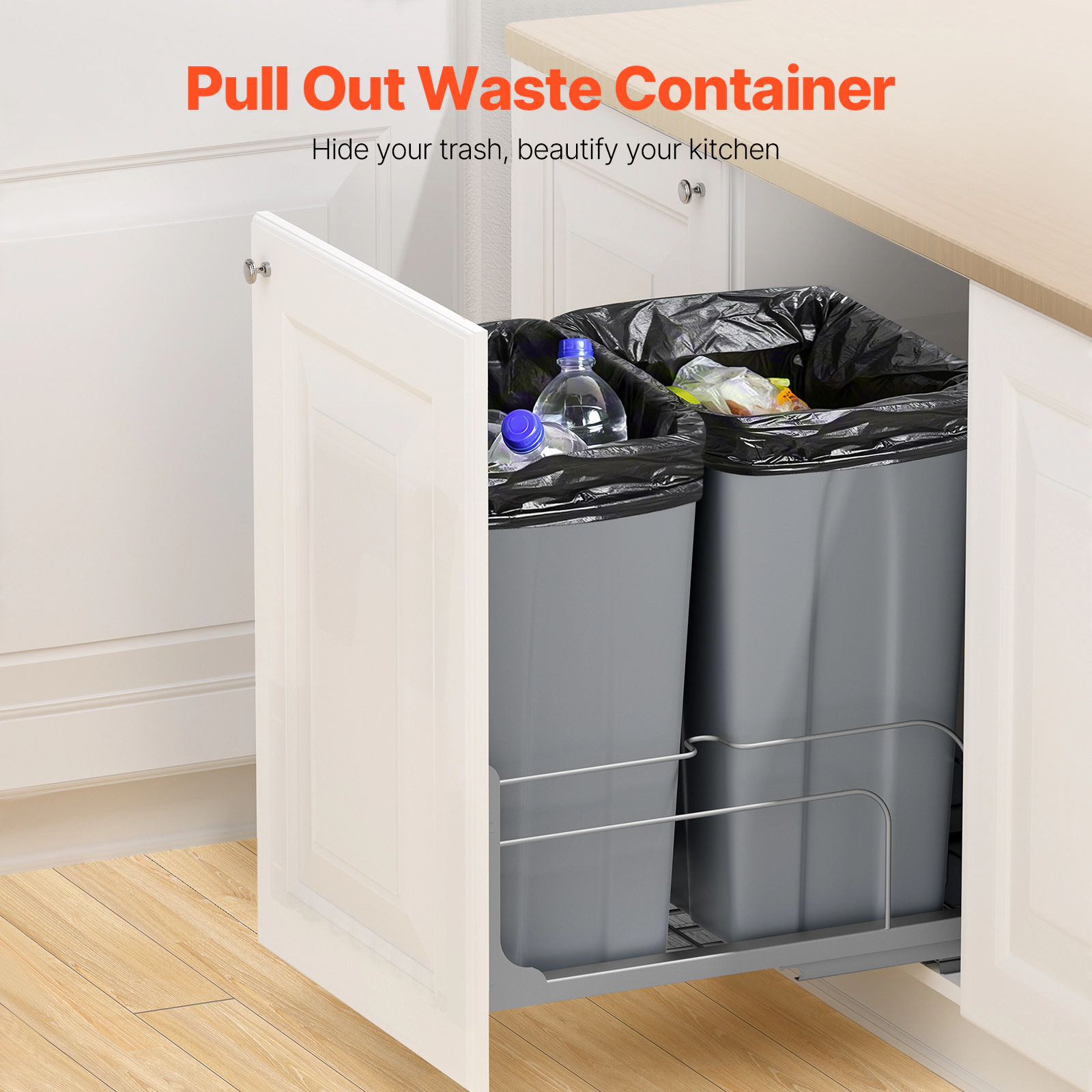 HONGGE Pull-Out Trash Can x2 Double Under Mount Kitchen Waste Container Heavy Duty Garbage Recycling Bin with Door Kit