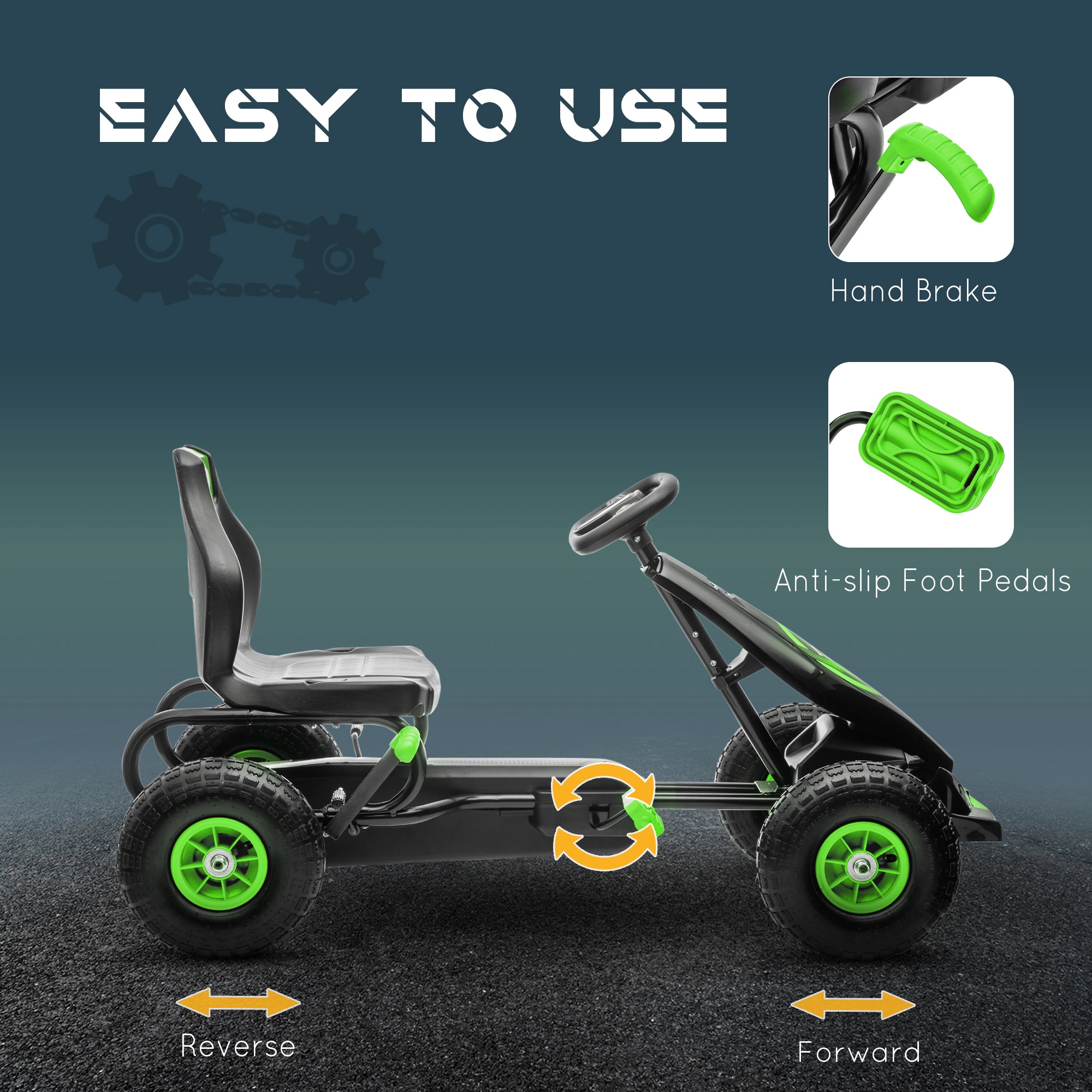 HONGGE Pedal Go Kart for Kids with Ergonomic Adjustable Seat, Rubber Tread Wheels & Handbrake, Ages 5-12, Green
