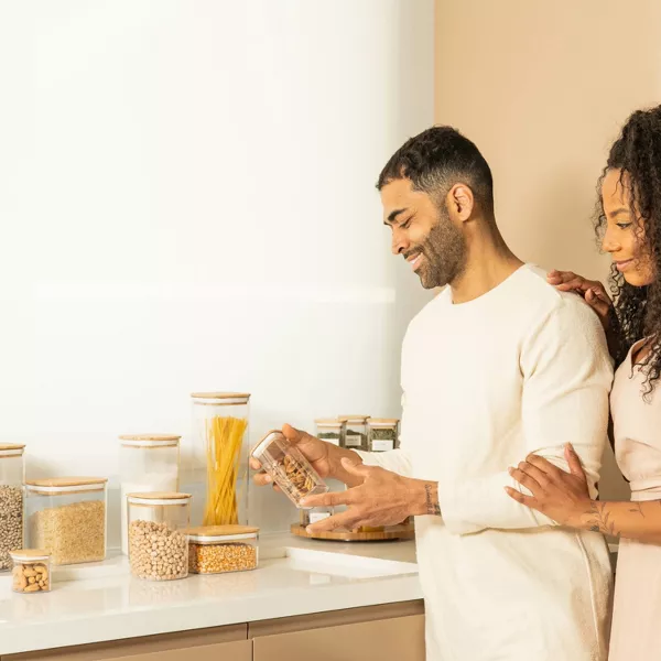 OU Airtight Food Storage Container Set 8pc, Clear Plastic Container w/ Leak Proof Bamboo Lid, Stackable Pantry Organizer