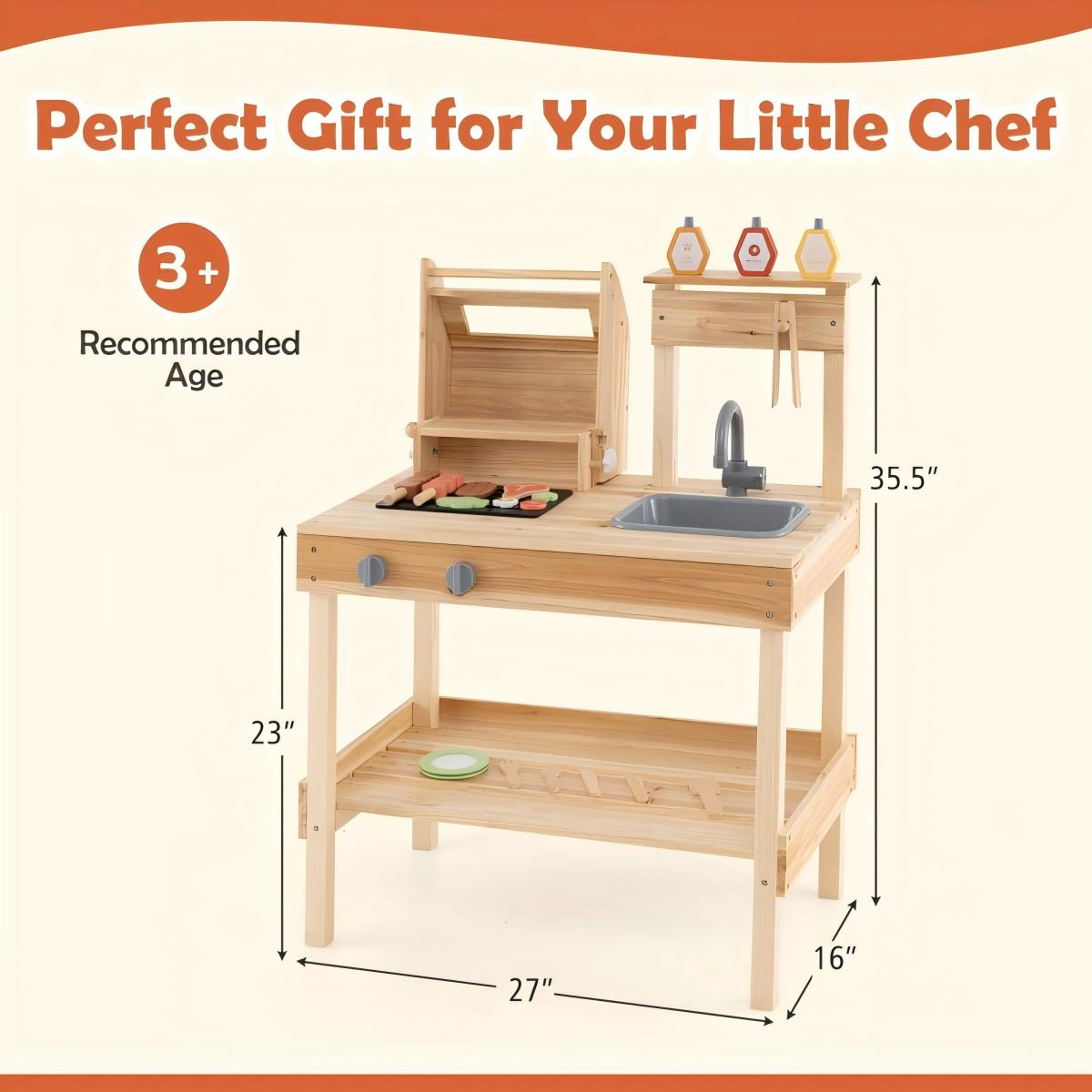SUGIFT Kids Wooden Barbecue Grill Playset with 25 Play Food and BBQ Accessories Open Shelves and Lid Stopper