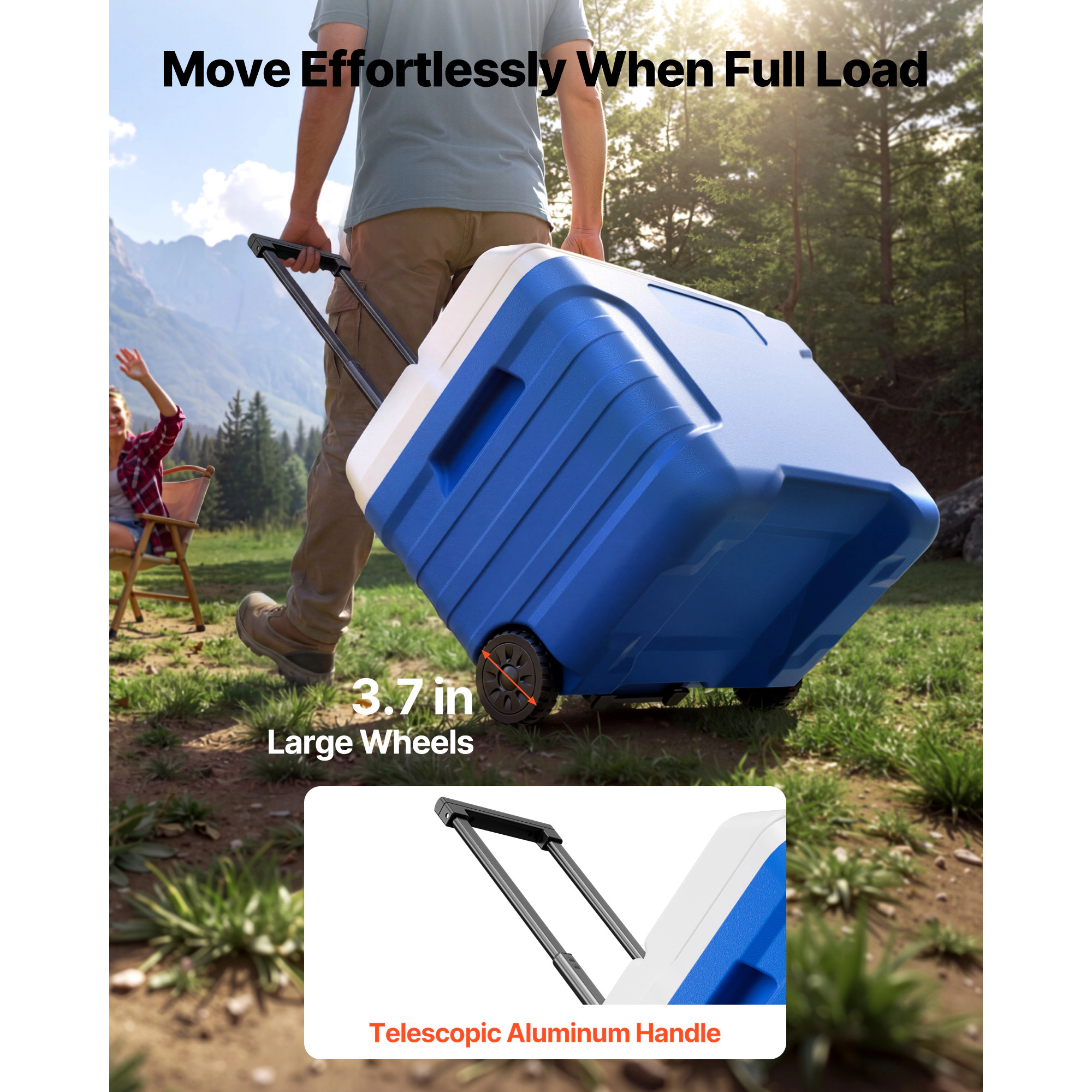 HONGGE 45-Quart Rolling Hard Cooler with Wheels, Leak-Resistant Ice Chest Holds 50 Cans for Camping and Grilling