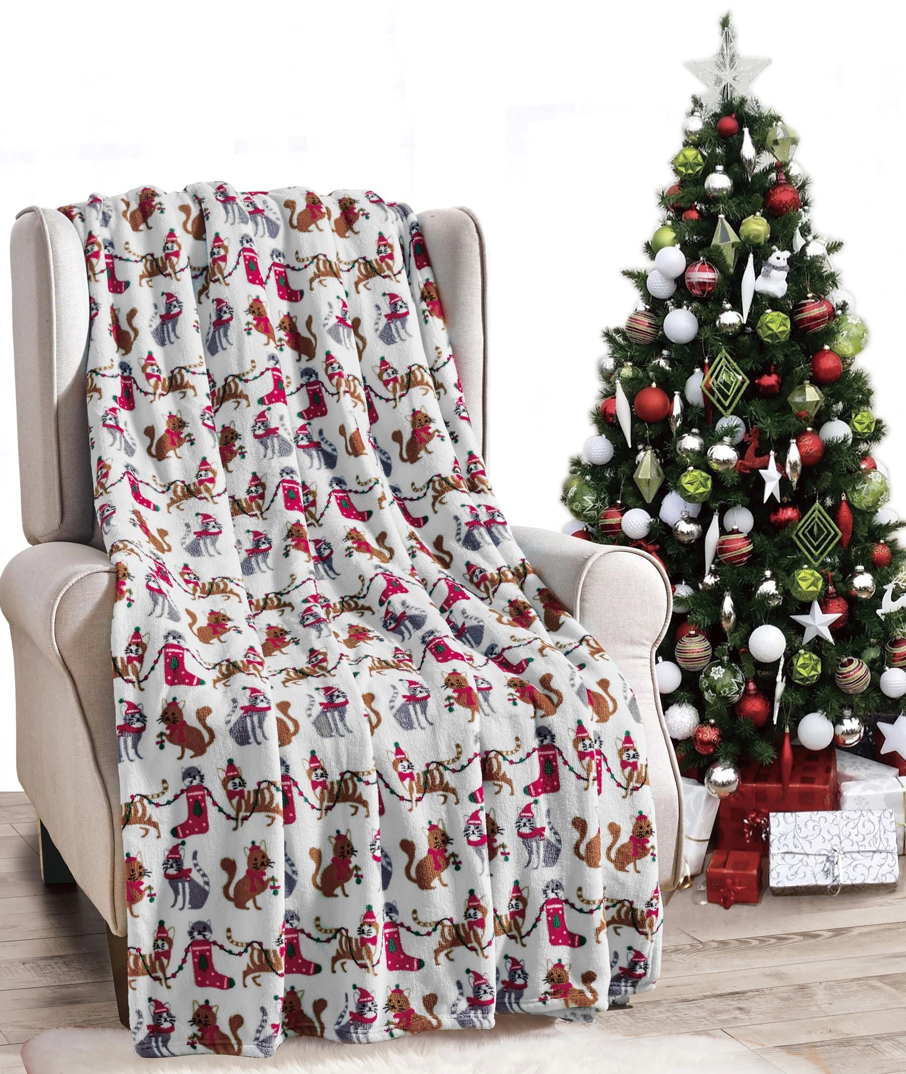 Plazatex Holiday Christmas Cats Design Micro Plush Throw Blanket - 50x60", Multicolor