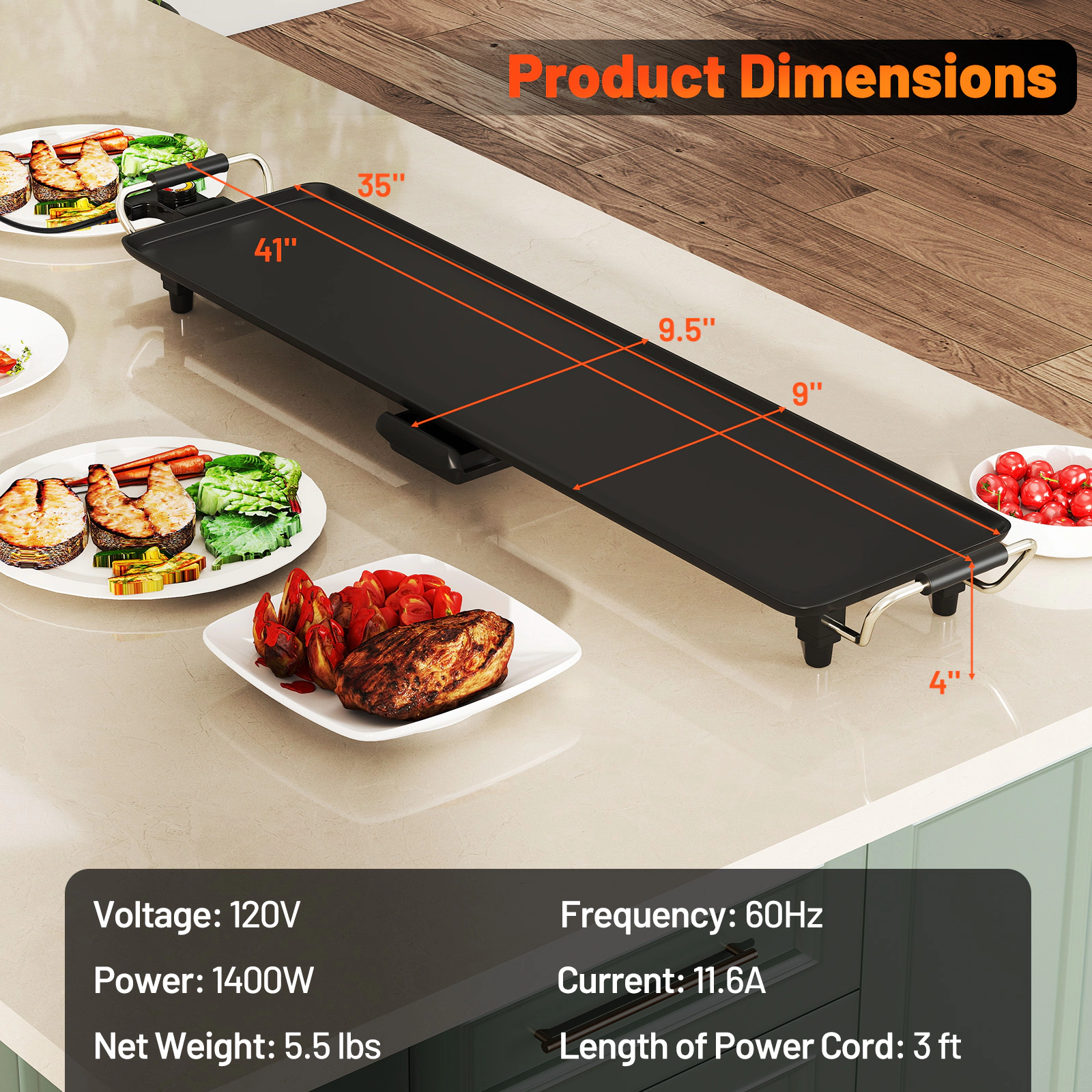 SUGIFT Black 35-in 1400W Extra Large Nonstick Electric Griddle Flat Top Grill with Adjustable Temperature