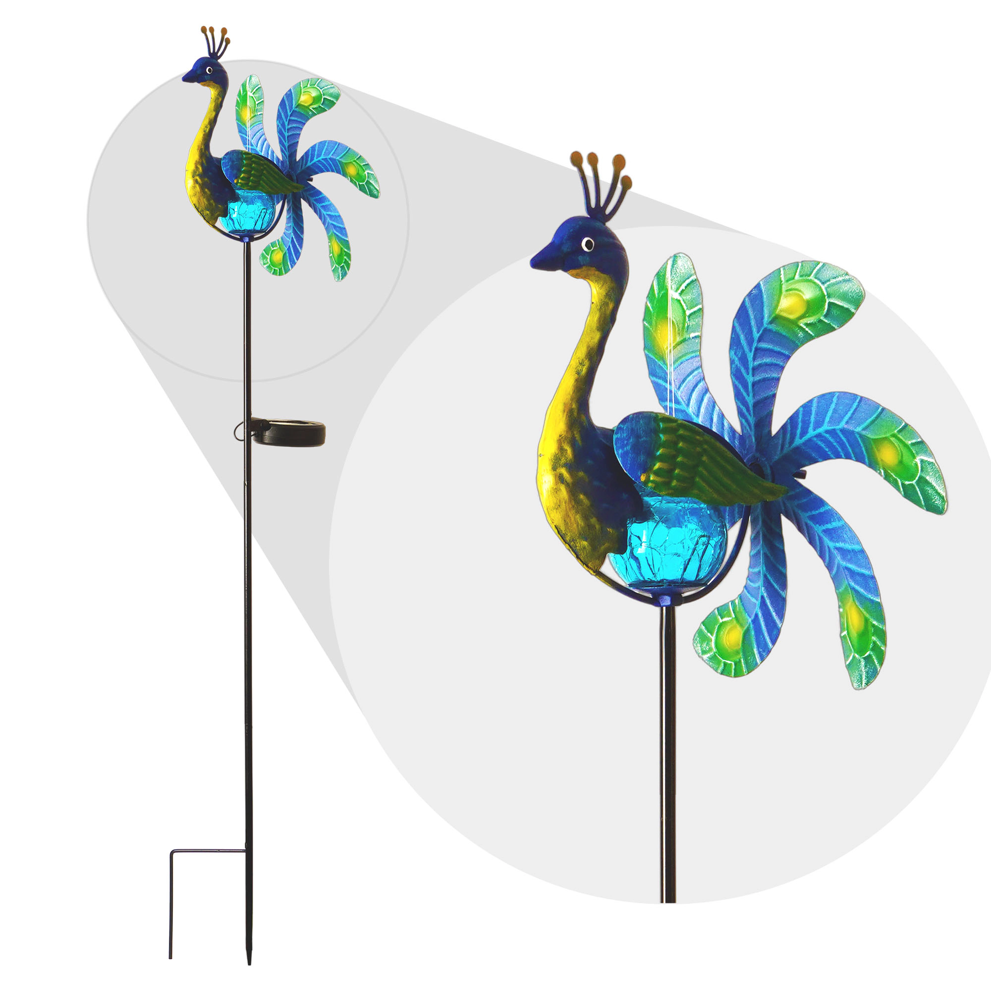 G128 38in Solar Peacock Metal Yard Stake with LED Swivel Wind Spinner, Rust-Proof Iron