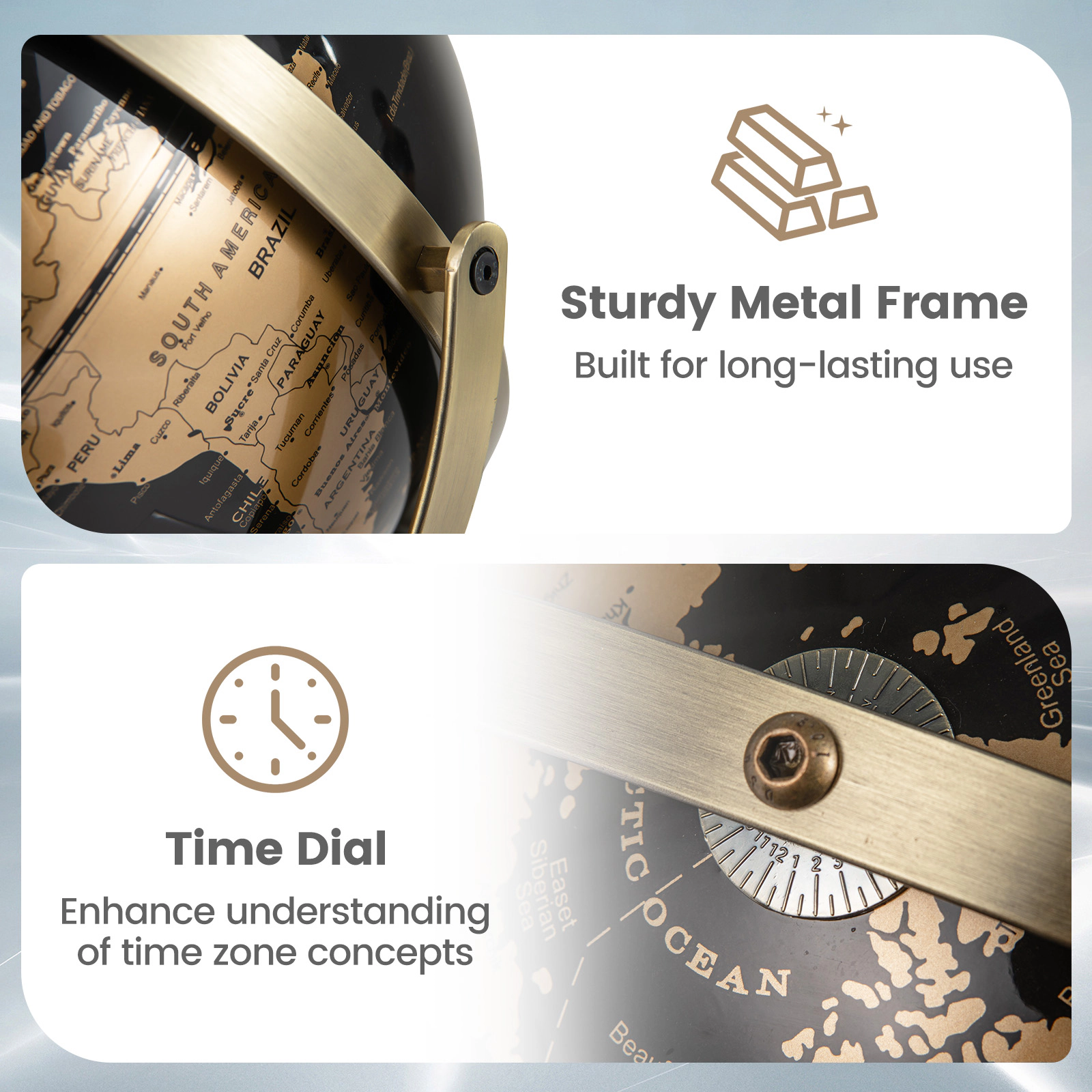 SUGIFT 720° Rotating Metallic World Globe with Time Dial Interactive Toy 9-in Globe Diameter Black and Gold