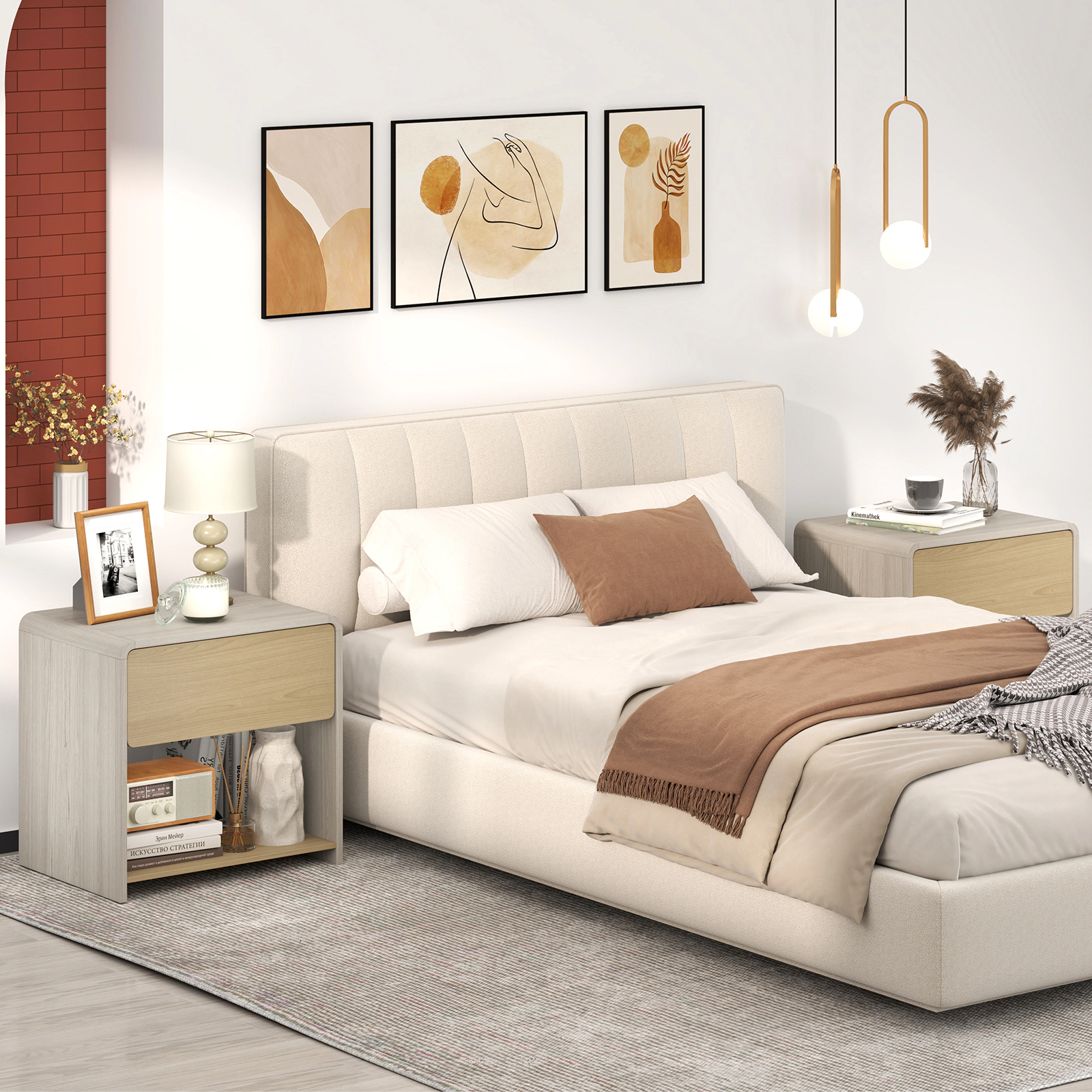 Glintex 2-Tier Nightstand with Concealed Handle and Color-Blocked Oak Finish, Oak