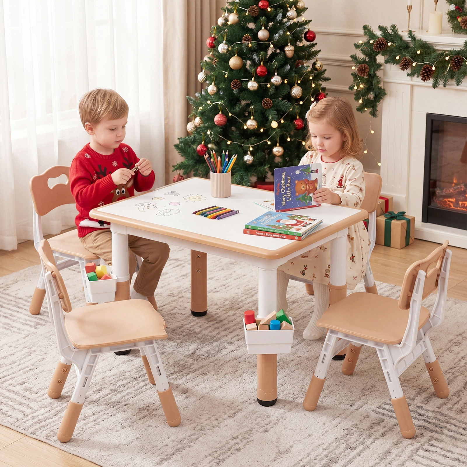 SUGIFT Height Adjustable Kids Table & Chairs Set Graffiti Desktop & 2 Storage Baskets 220-lb Capacity Ages 18+ Months