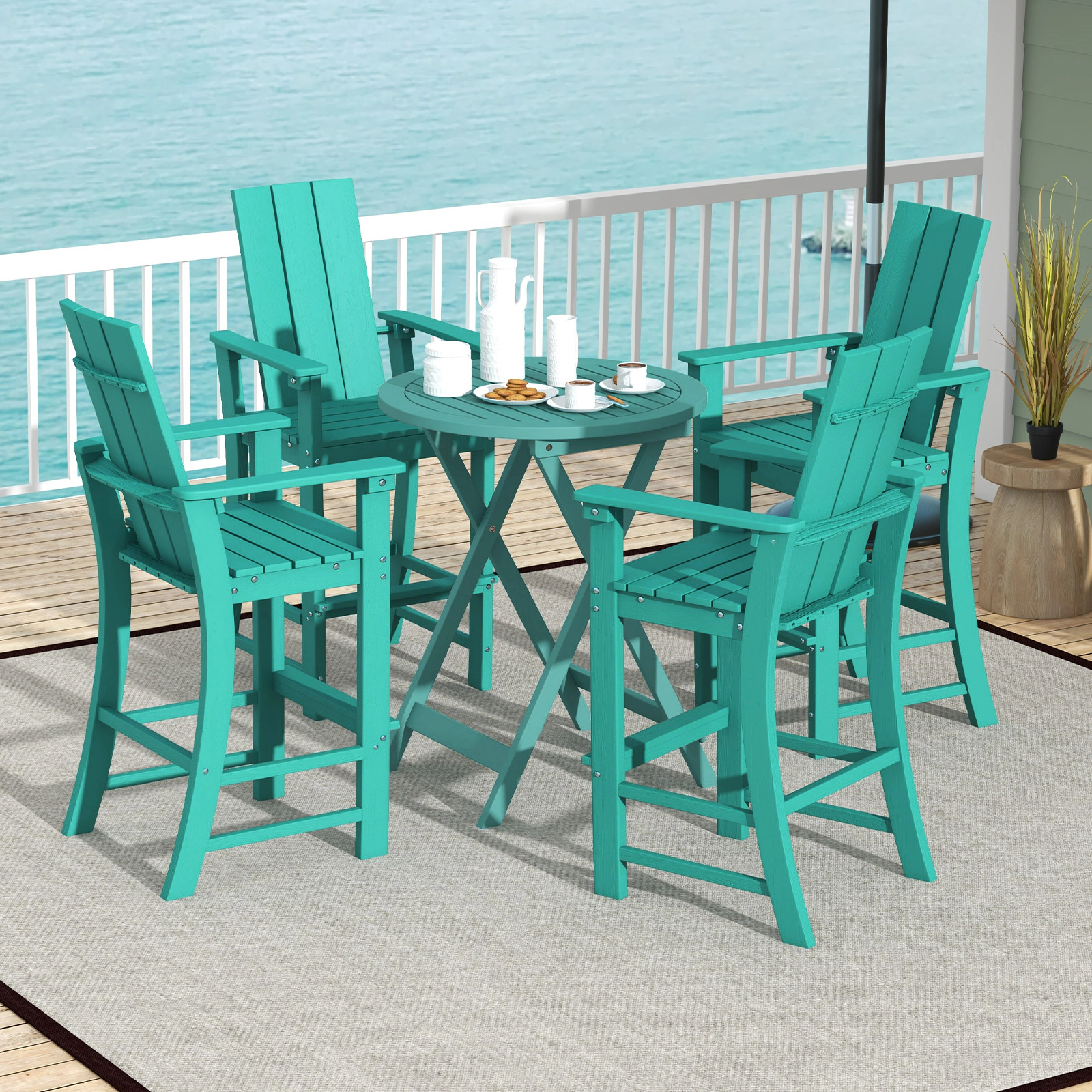SUGIFT Turquoise HDPE Adirondack Outdoor Bar Stool, 30-in Seat, Footrest and Wide Armrests