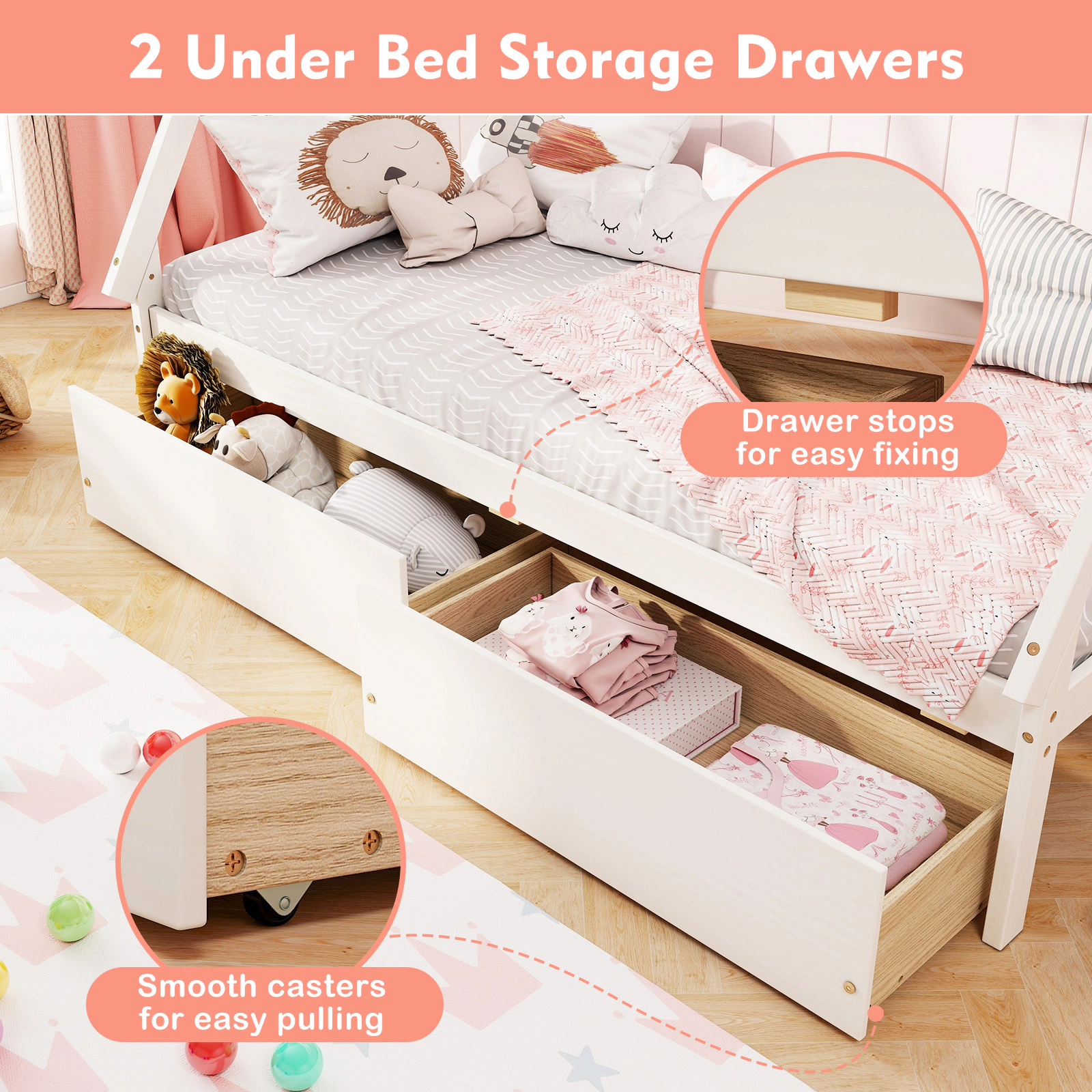 SUGIFT Kids Twin Size 200-lb Bed Capacity Wooden House Bed Frame with Tent Roof and 2 Rolling Drawers White