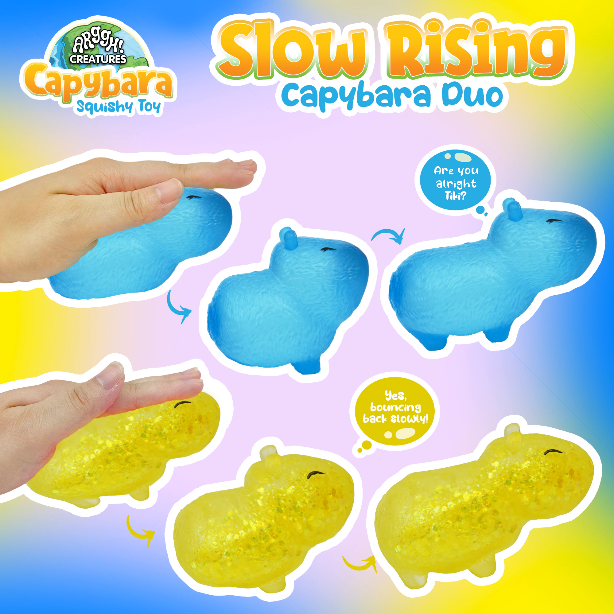 Power Your Fun Capybara Squishy Toy 2-Pack, Stress Relief Fidget STEM Toys (Yellow / Blue)