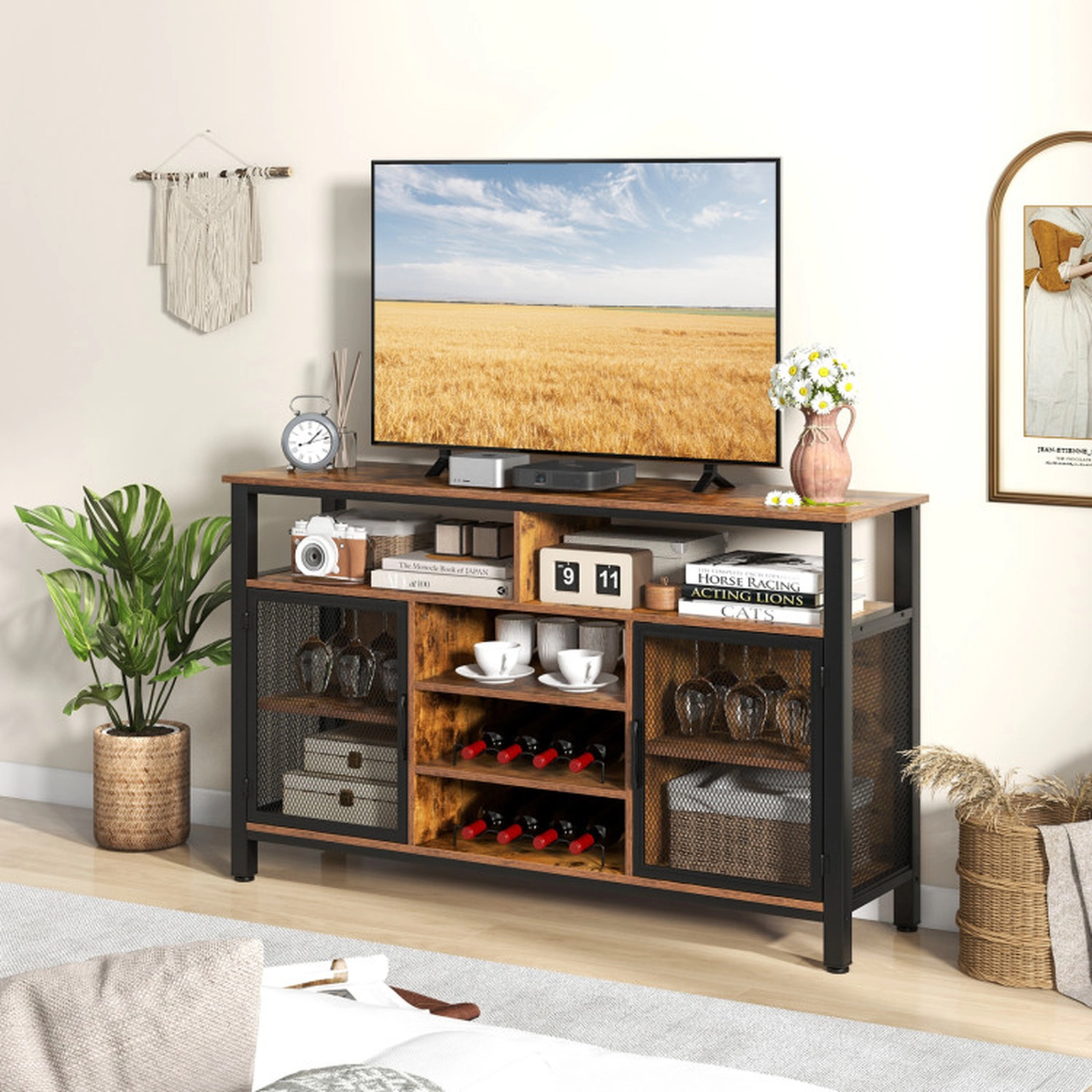 SUGIFT 55-In Buffet Sideboard with 8-Bottle Wine Racks and Wine Glass Holders 360-lb Tabletop Capacity Brown and Black