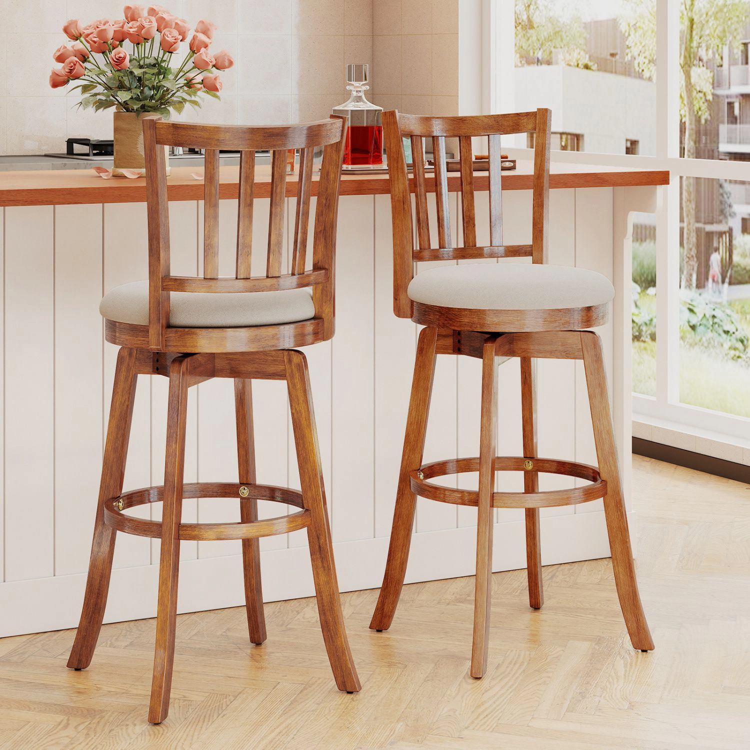 SlickBlue Swivel Bar Stools Set of 2 with Upholstered Seat and Wood Base