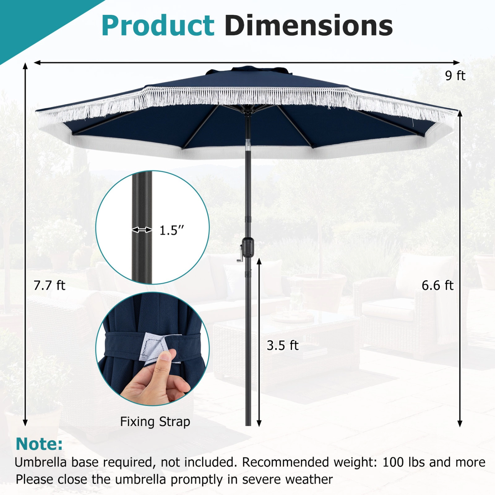 SUGIFT 9-ft Navy Patio Umbrella with Tassel Fringe Scalloped Canopy 25-Degree Tilt Safety Latch and 8 Ribs