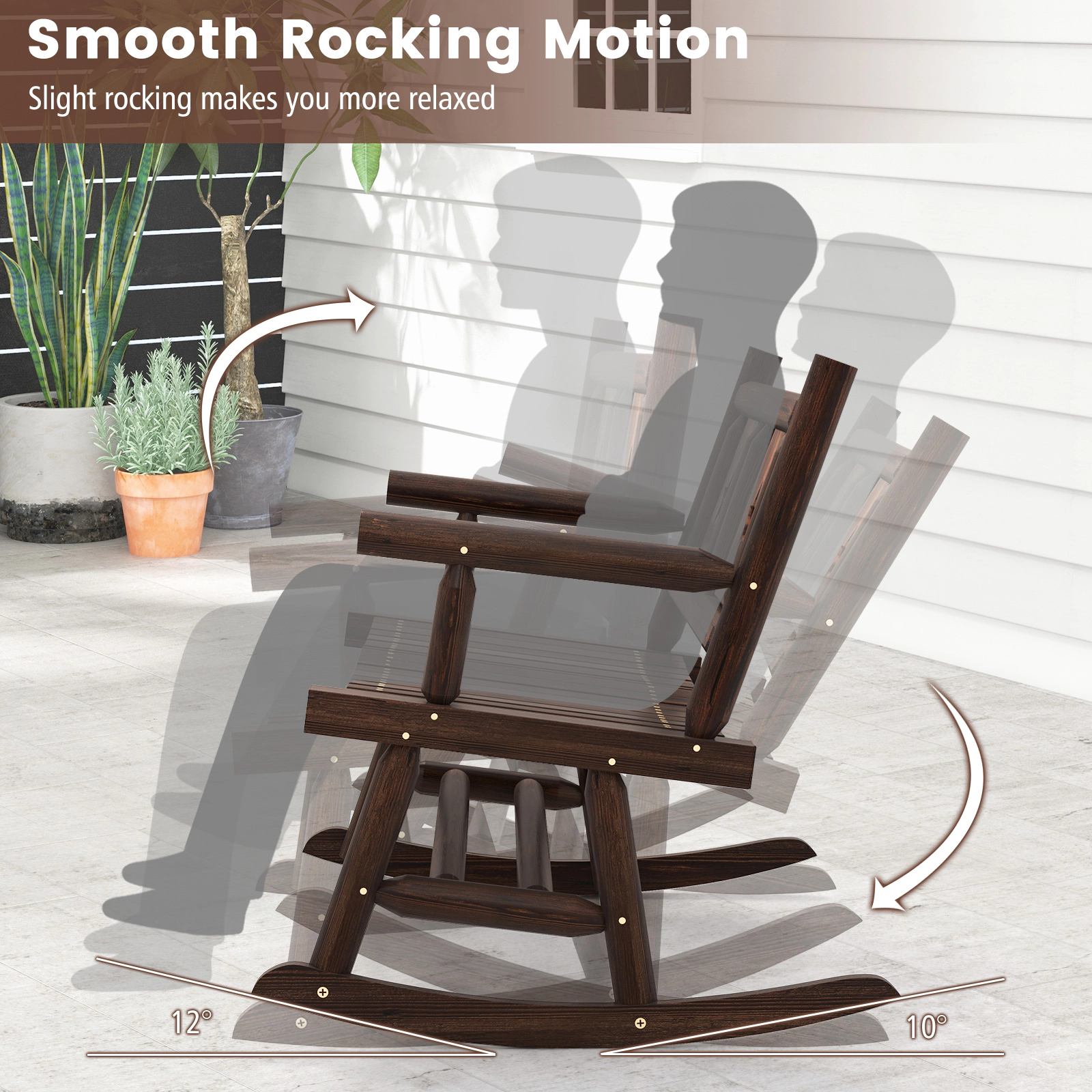 SUGIFT Outdoor Carbonized Wood Patio Rocking Bench Double Rocker Loveseat 710-lb Capacity Rustic Brown