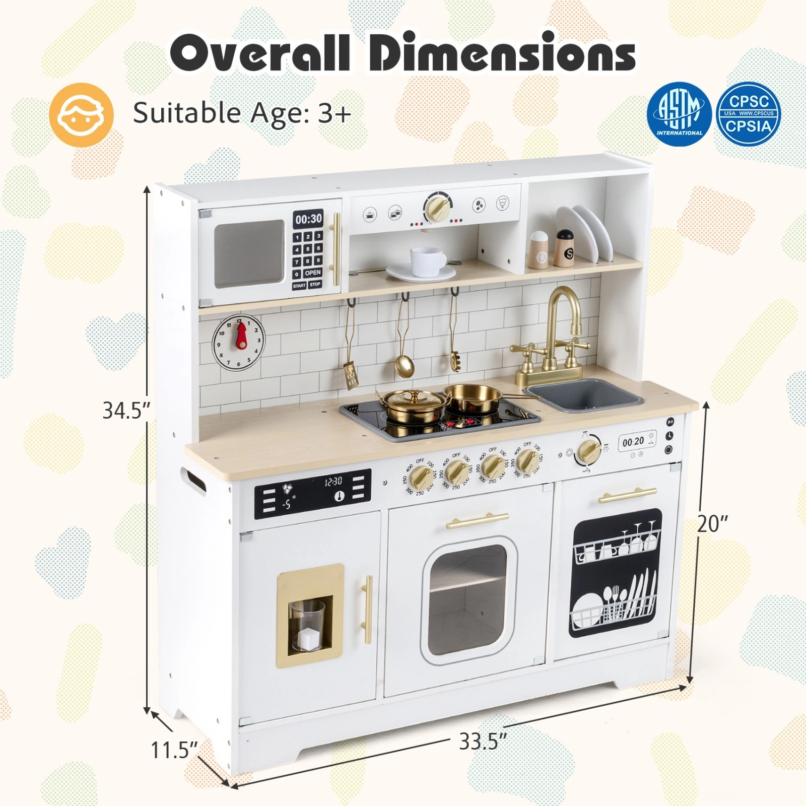 SUGIFT Wooden Play Kitchen with Realistic Lights and Sounds for Kids Ages 3+ 34.5-in Tall Black/White